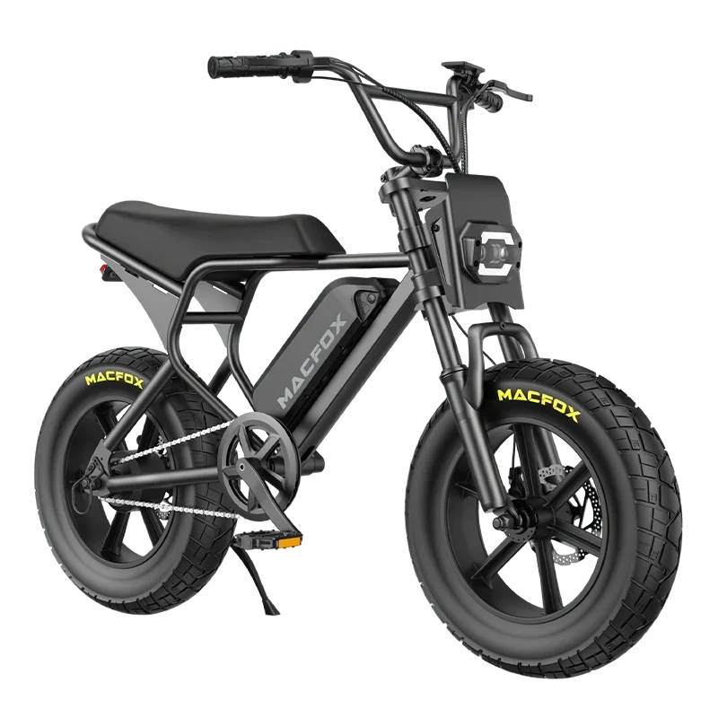 Black Macfox M16 youth fat tire electric bike with retro moped styling