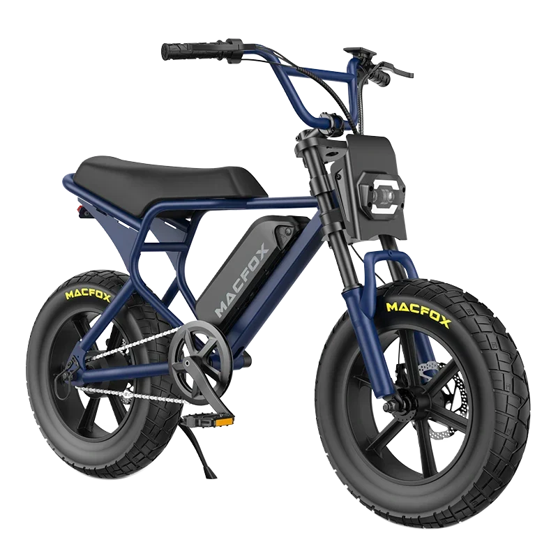 Dark blue Macfox M16 all-terrain youth electric bike with carbon steel frame