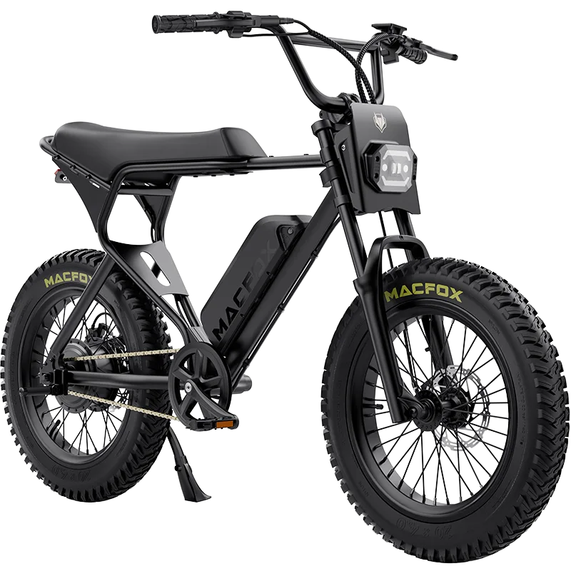 Black MacFox XIS fat tire ebike with retro moped frame and yellow sidewall lettering