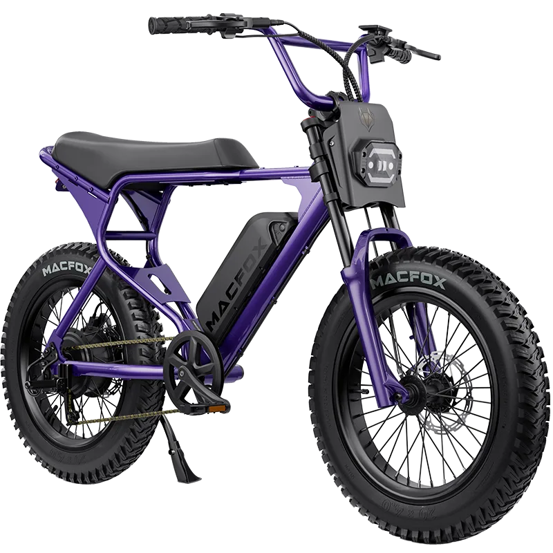 Purple MacFox XIS fat tire electric bike featuring matte finish and white tire lettering