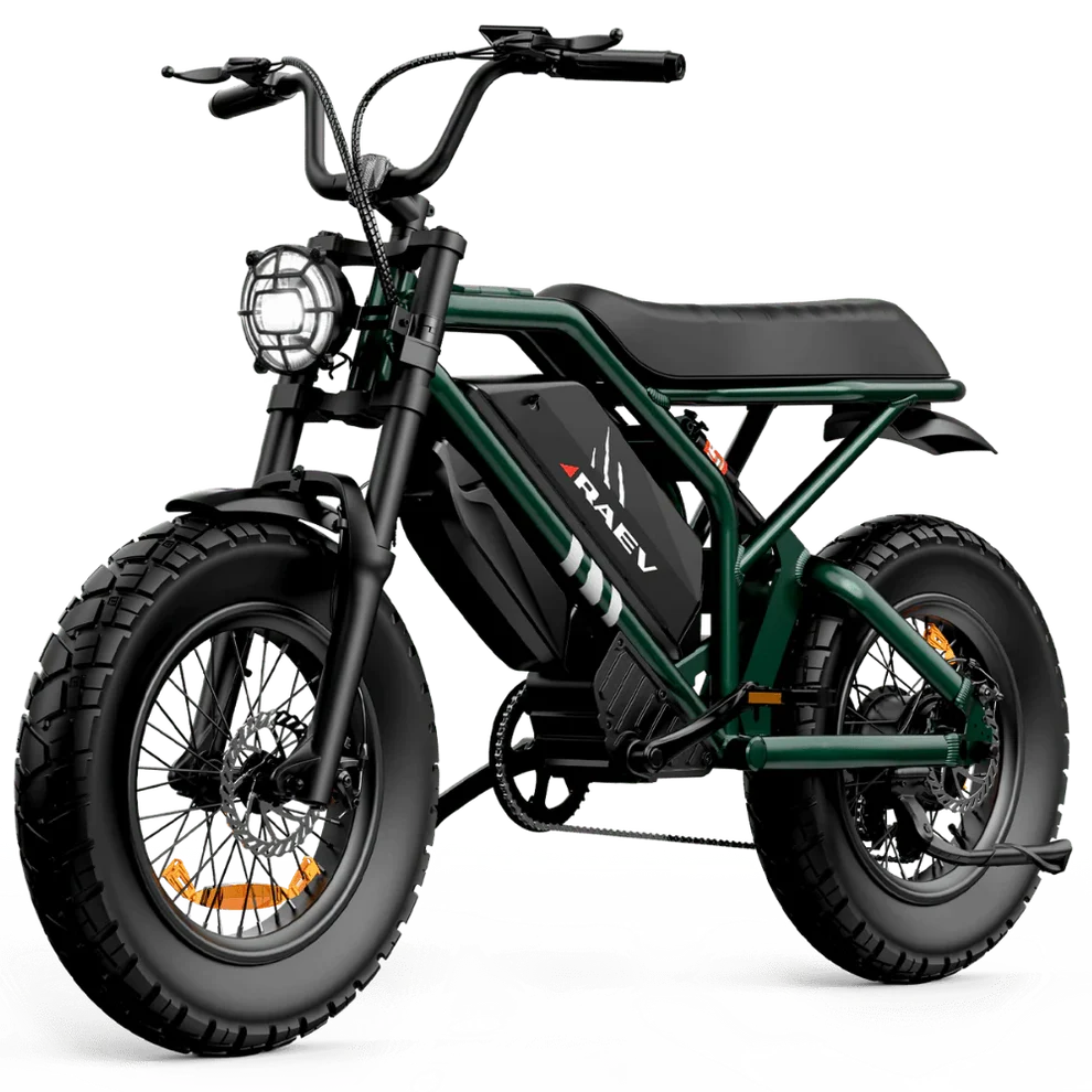 MACFOX Bullet GTX fat tire e-bike in dark green with RAEV battery and knobby tires