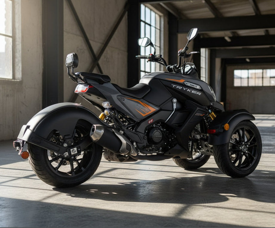 Matte black Amigo Tryker parked outdoors with passenger backrest