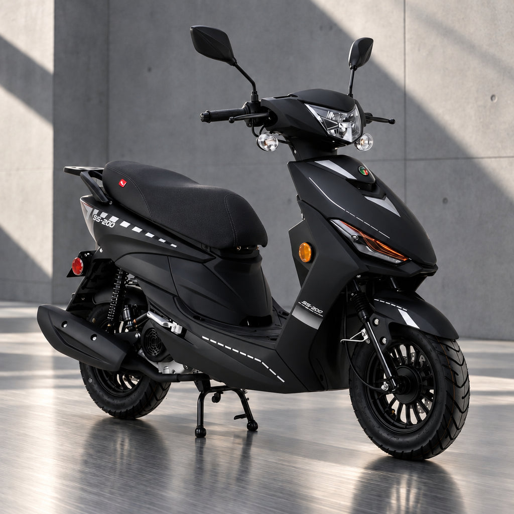 Matte black Amigo SS-200 scooter with white graphics