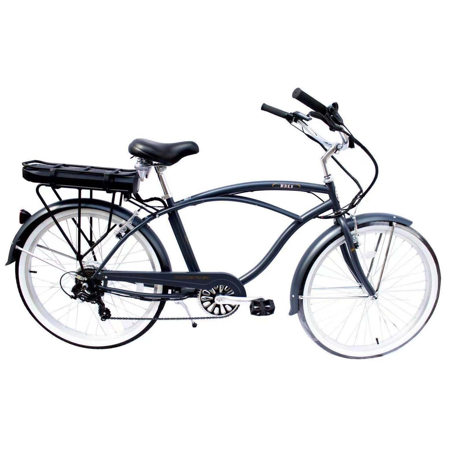 Rear view of dark gray Micargi electric cruiser with cargo rack and battery