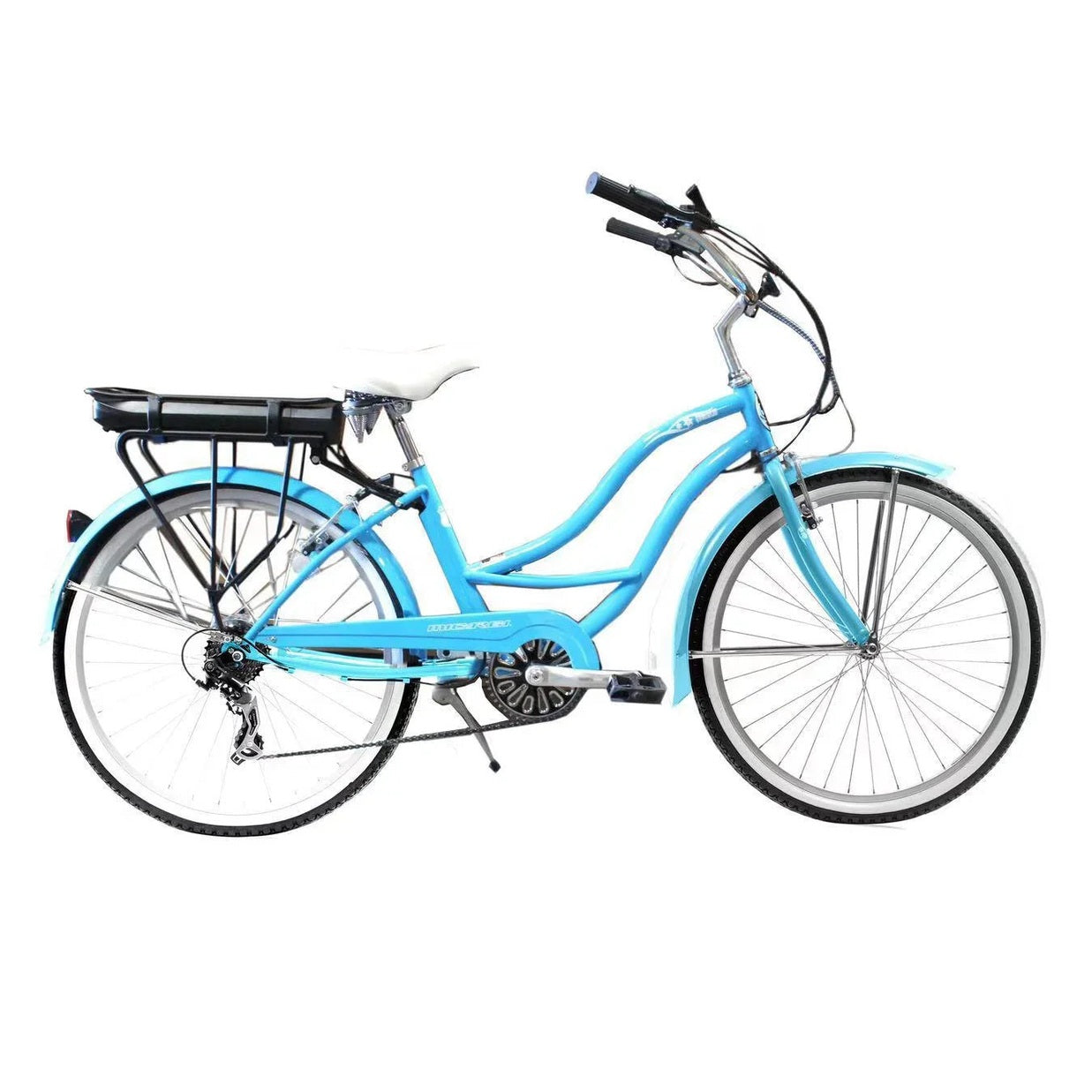 Light blue step-through Micargi electric cruiser with chrome handlebars