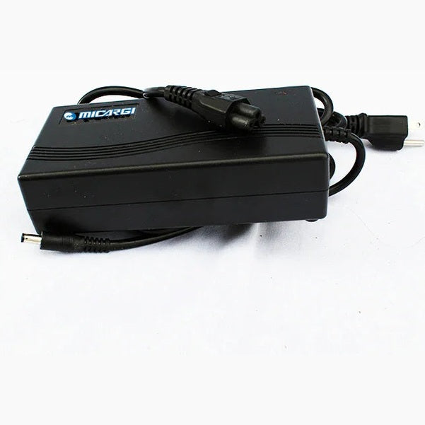 Micargi branded black battery charger with ribbed texture and dual cables