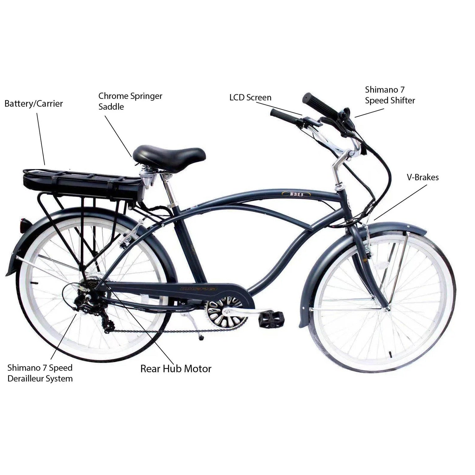 Micargi electric bike diagram showing Shimano 7-speed gears and hub motor