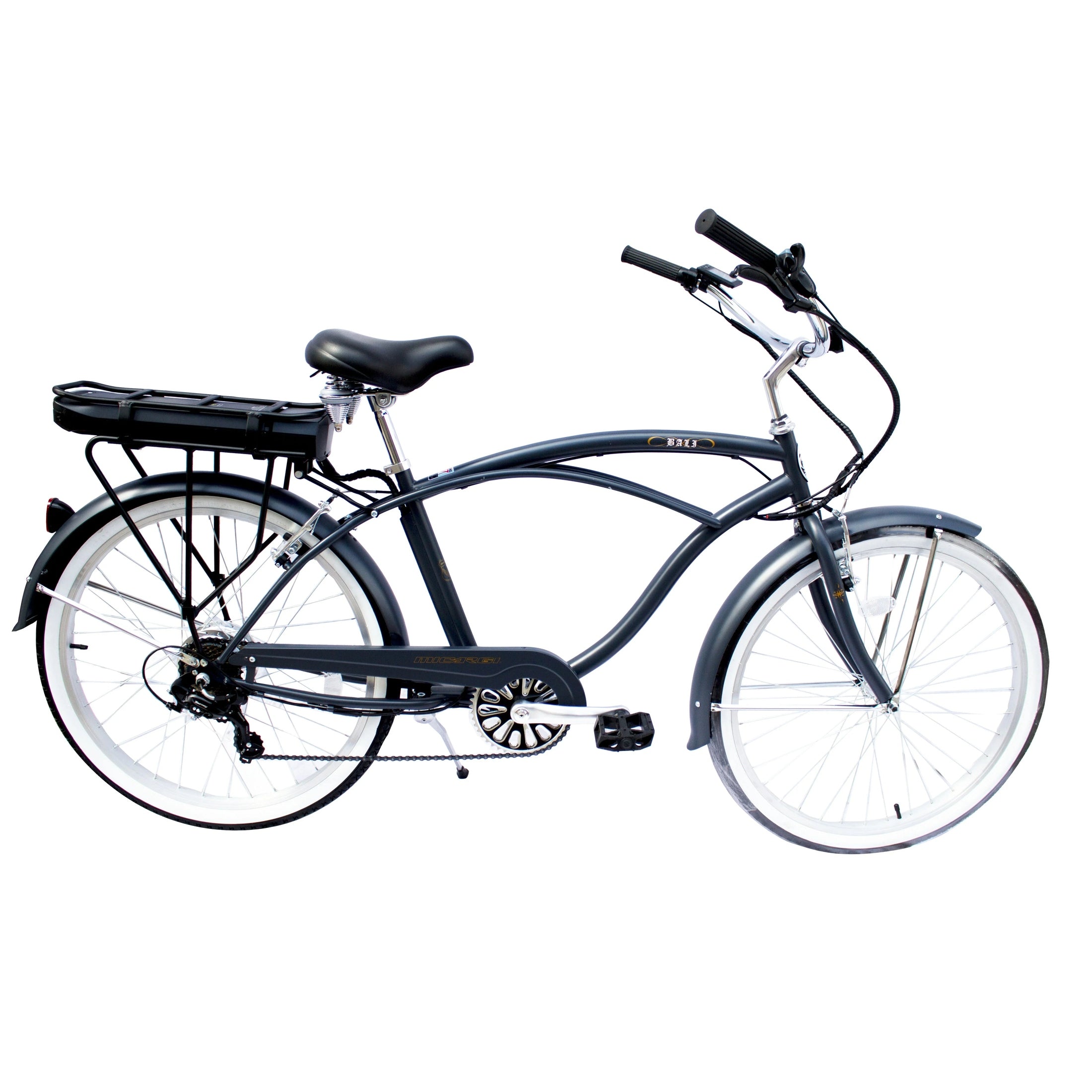 Dark gray Micargi electric beach cruiser with white-walled tires and rear battery