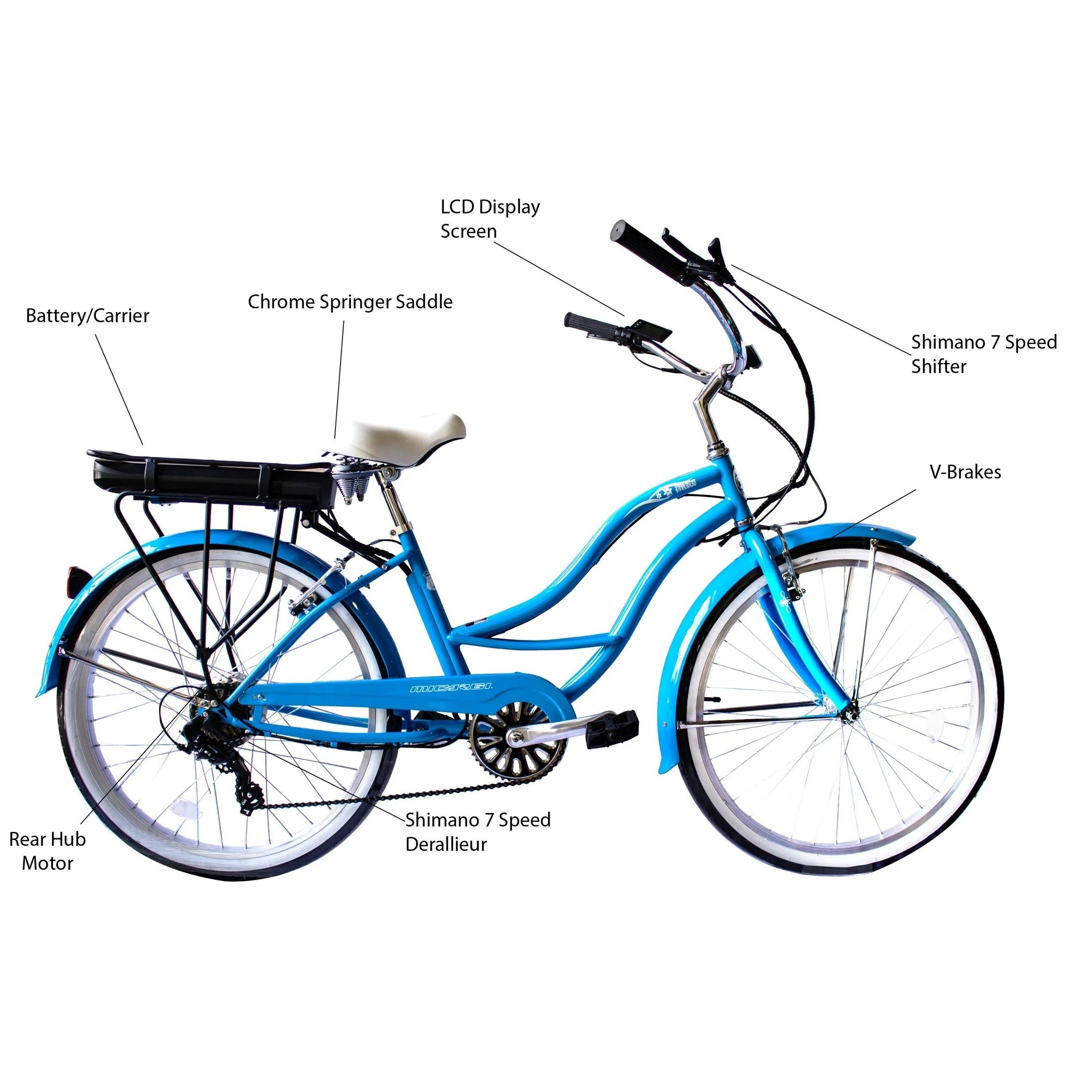 Light blue Micargi e-bike diagram highlighting LCD screen and springer saddle
