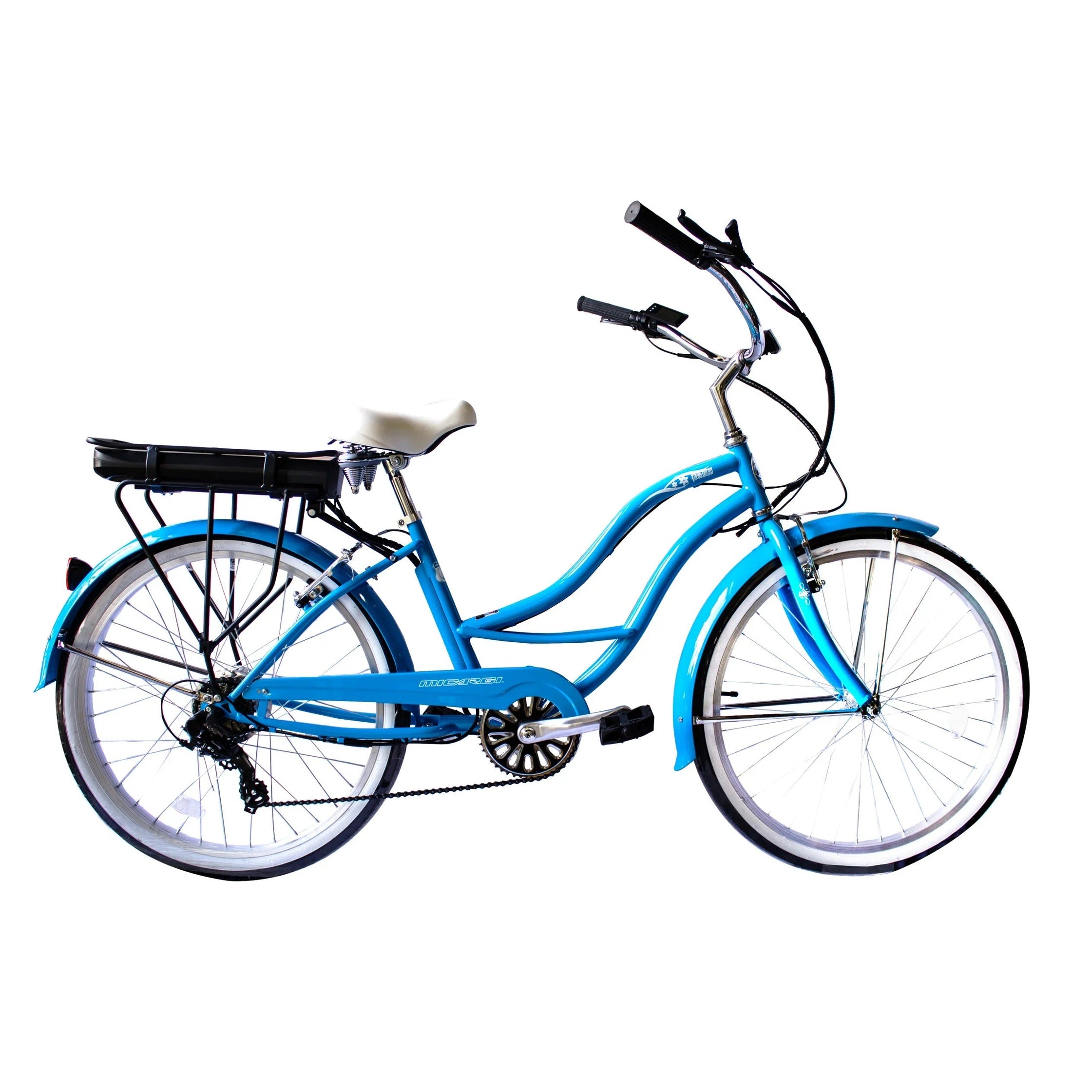 Bright blue Micargi electric beach cruiser with beige saddle and white walls