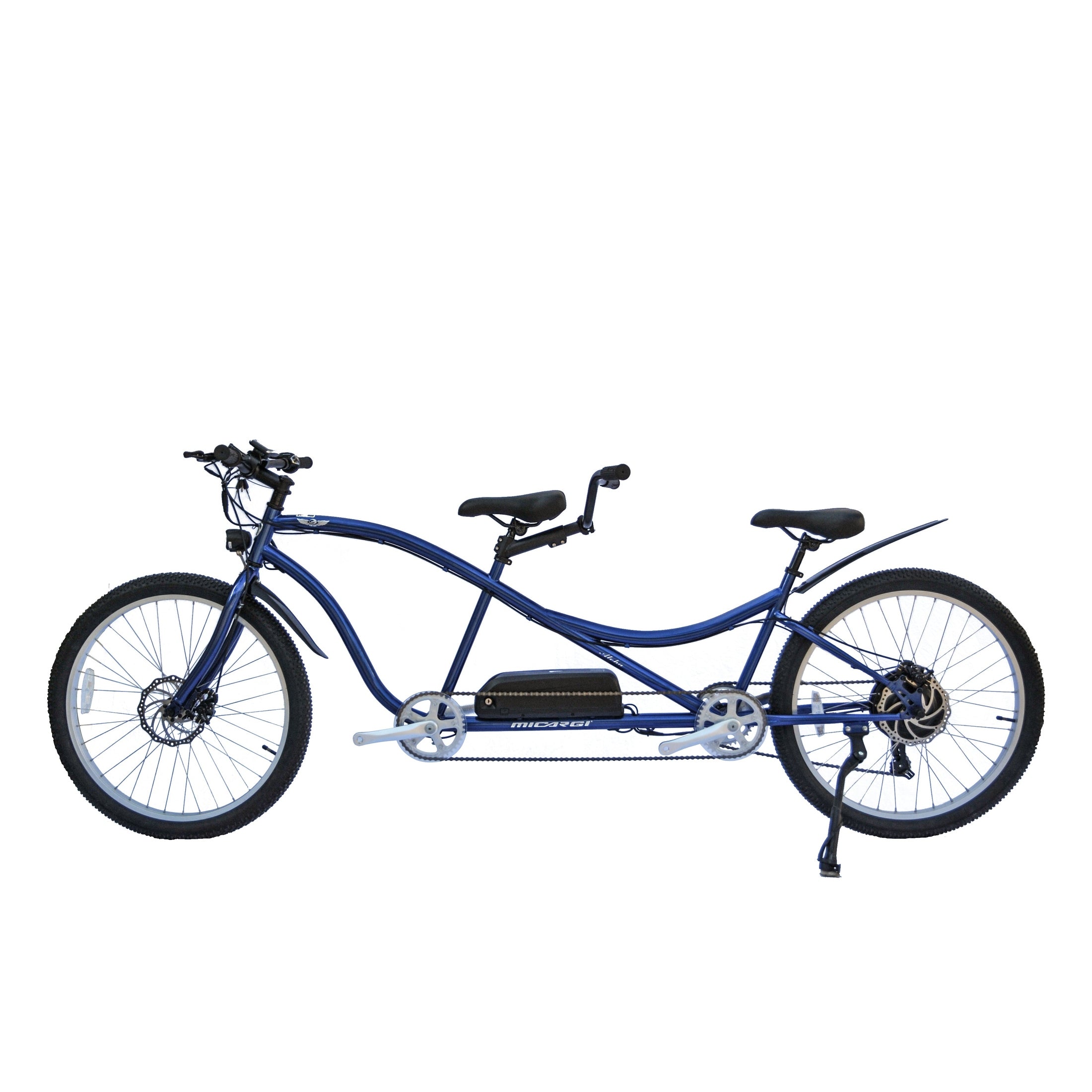 Full side profile of blue Micargi Aloha 26 inch tandem e-bike with kickstand