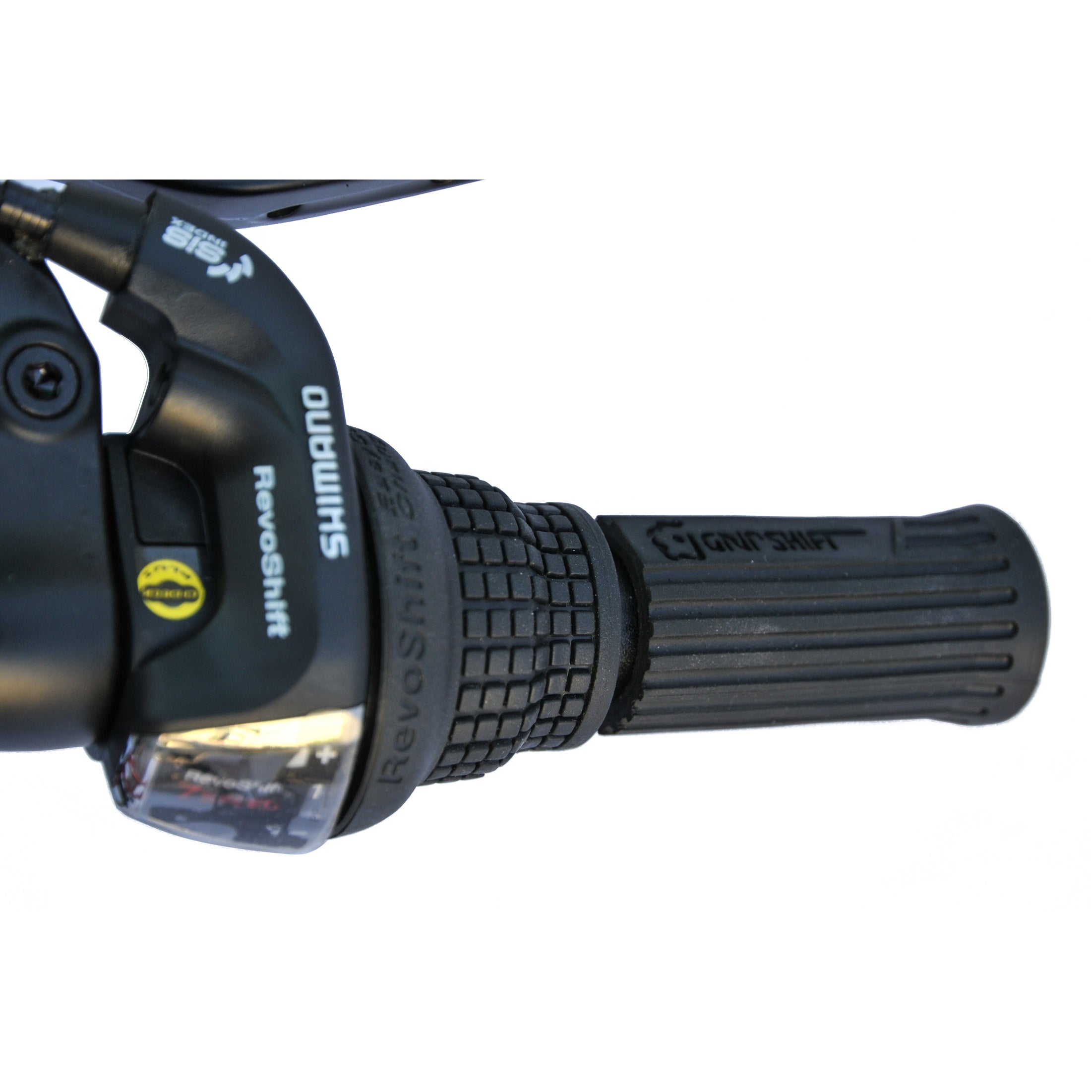 Shimano RevoShift gear shifter close-up on black tandem bike handlebar