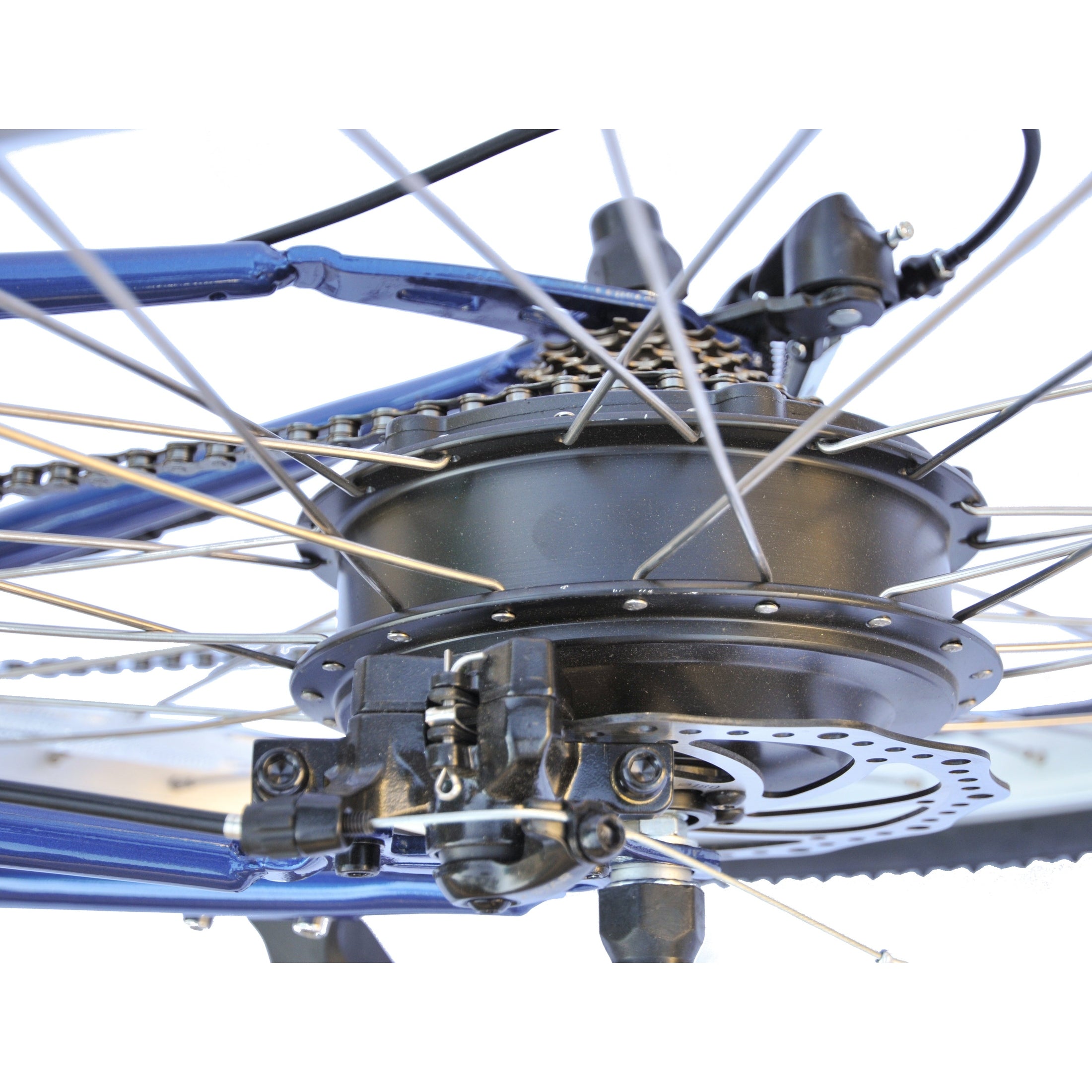 Rear hub motor assembly with disc brake on blue tandem electric bicycle