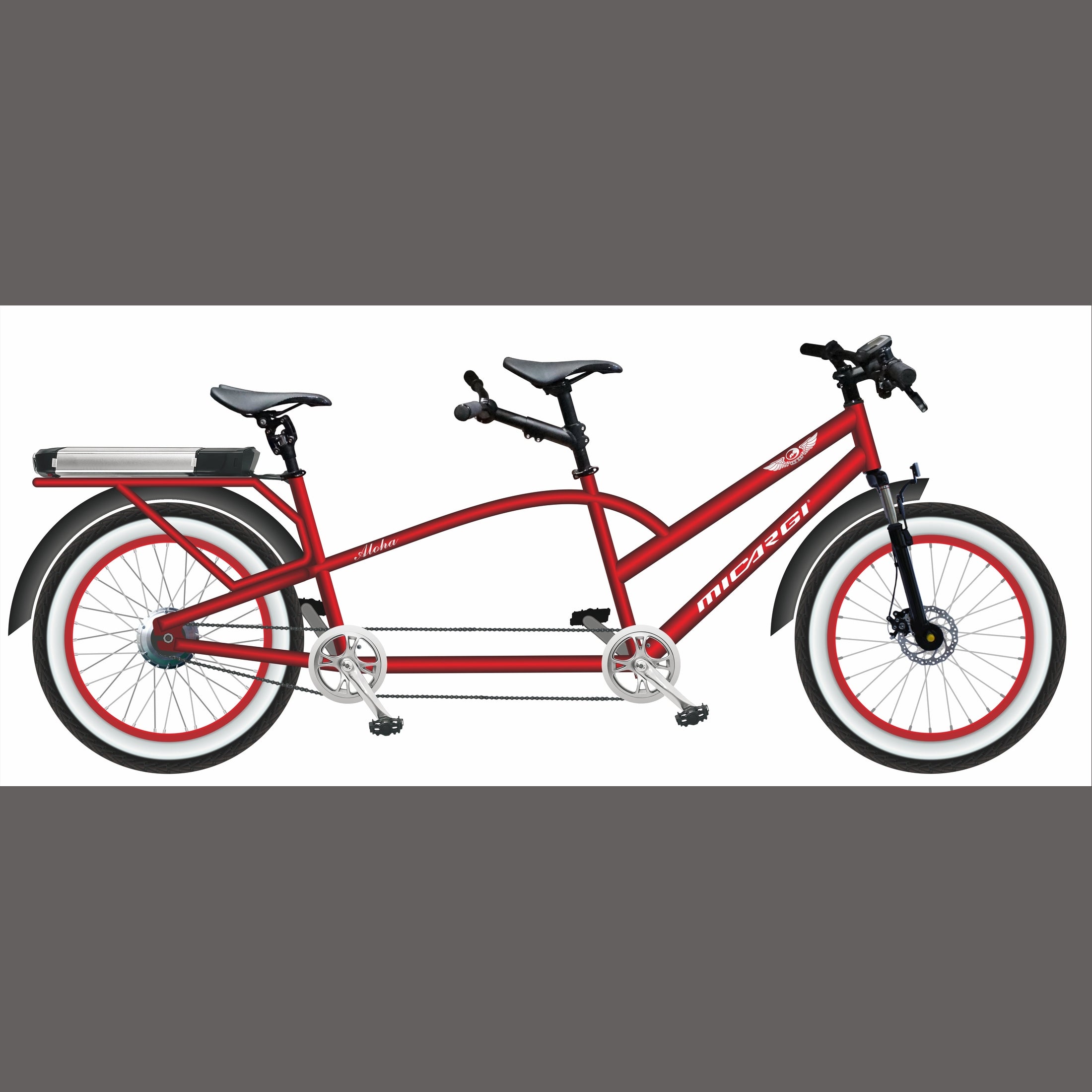 Red Micargi Aloha tandem e-bike illustration with rear rack battery pack