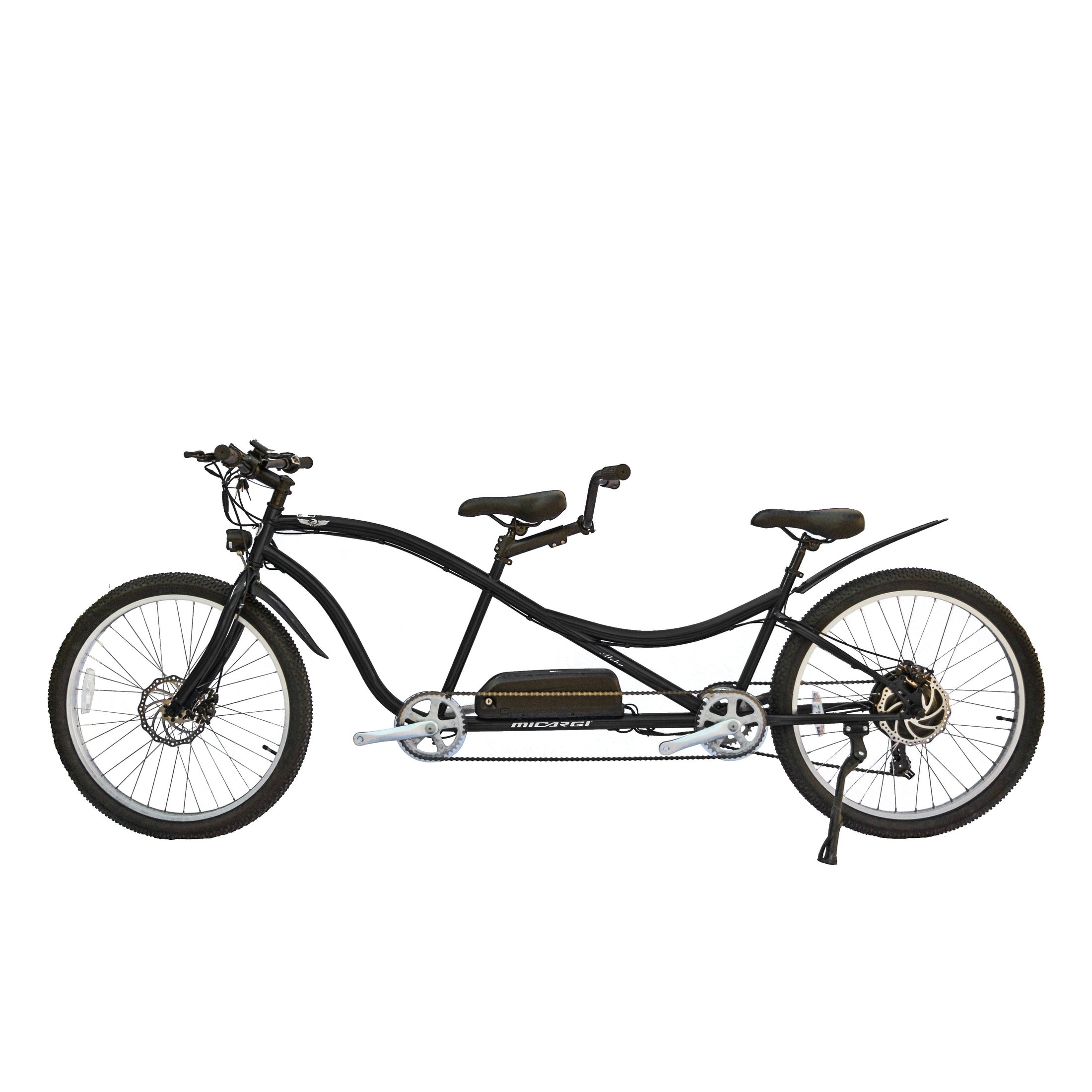 Black Micargi Aloha 26 inch tandem electric bike side view with dual seats