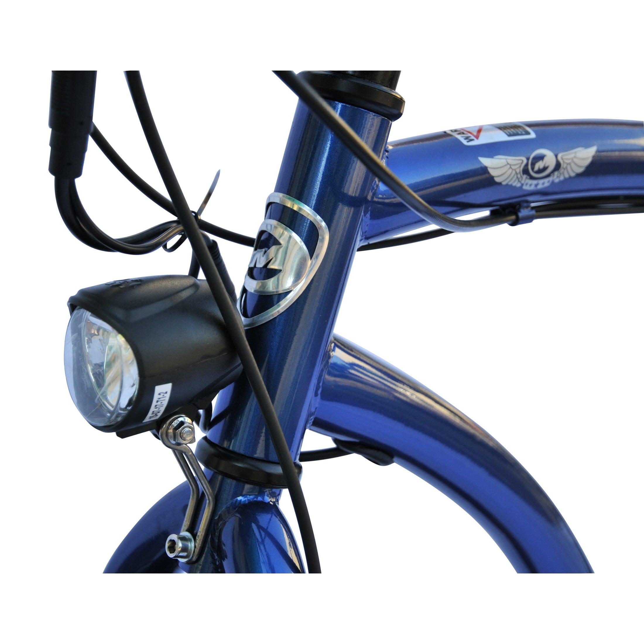 Close-up of blue Micargi Aloha head tube with shield emblem and front light
