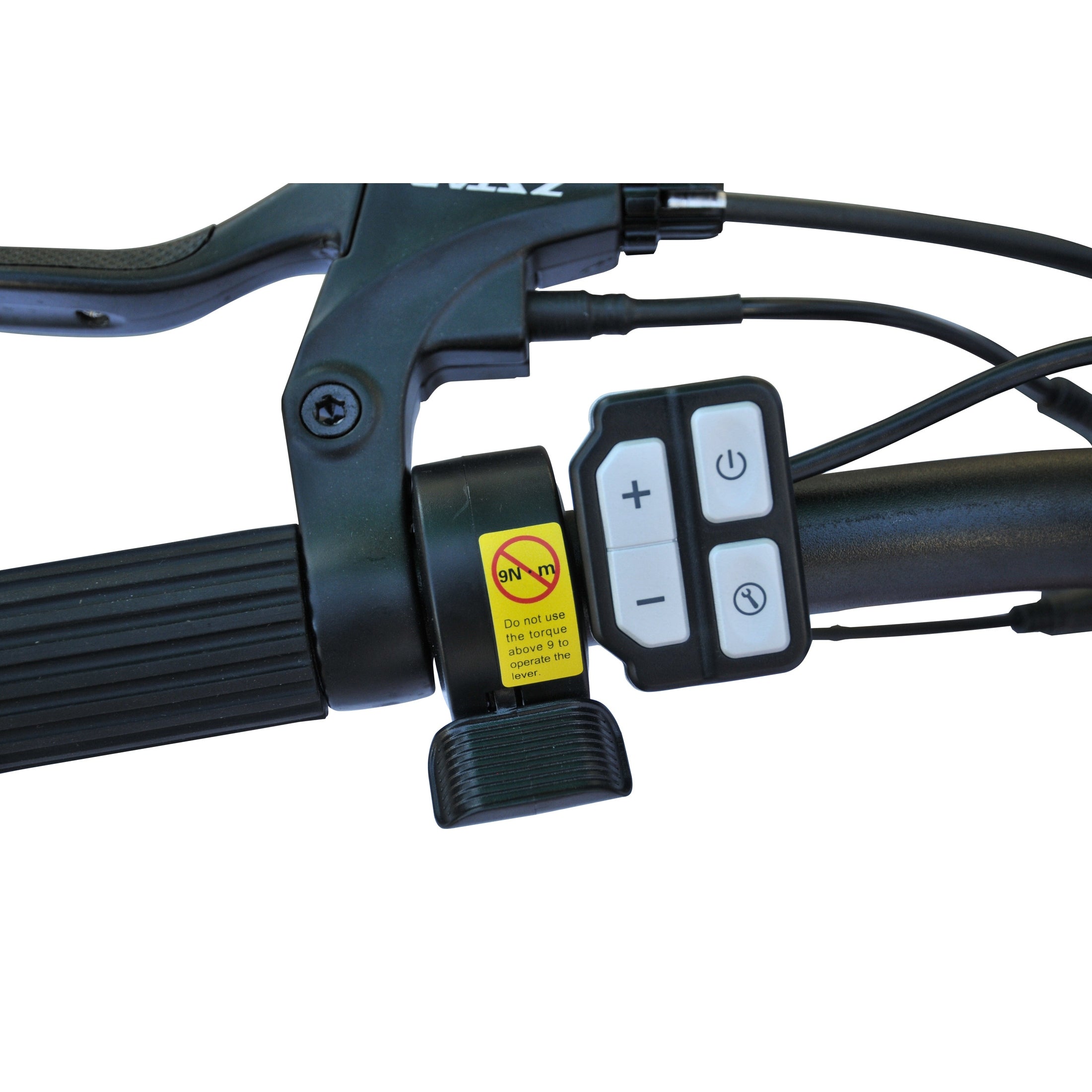 Handlebar control module with thumb lever and torque warning sticker