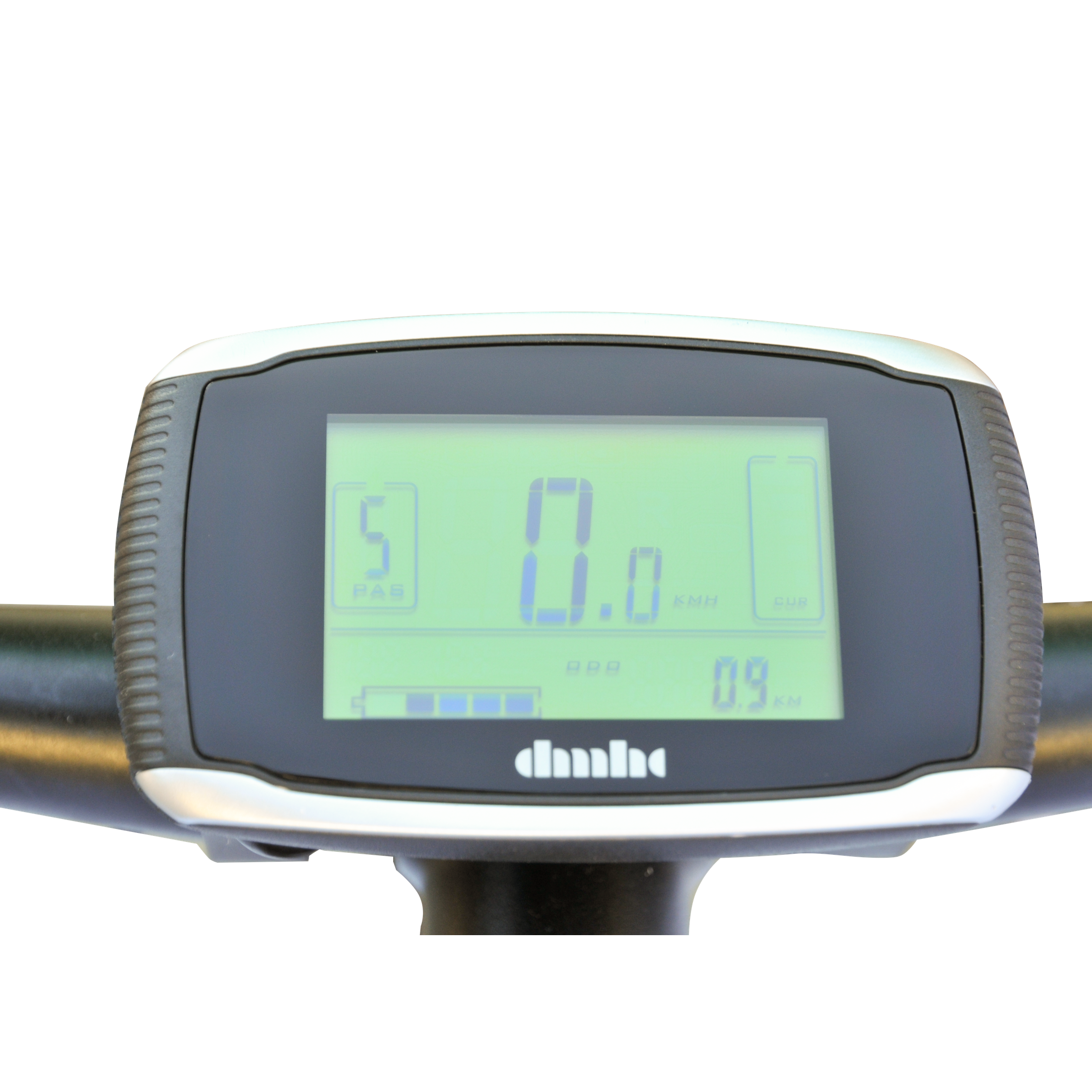 Digital LCD display showing speed and battery level on Micargi e-bike