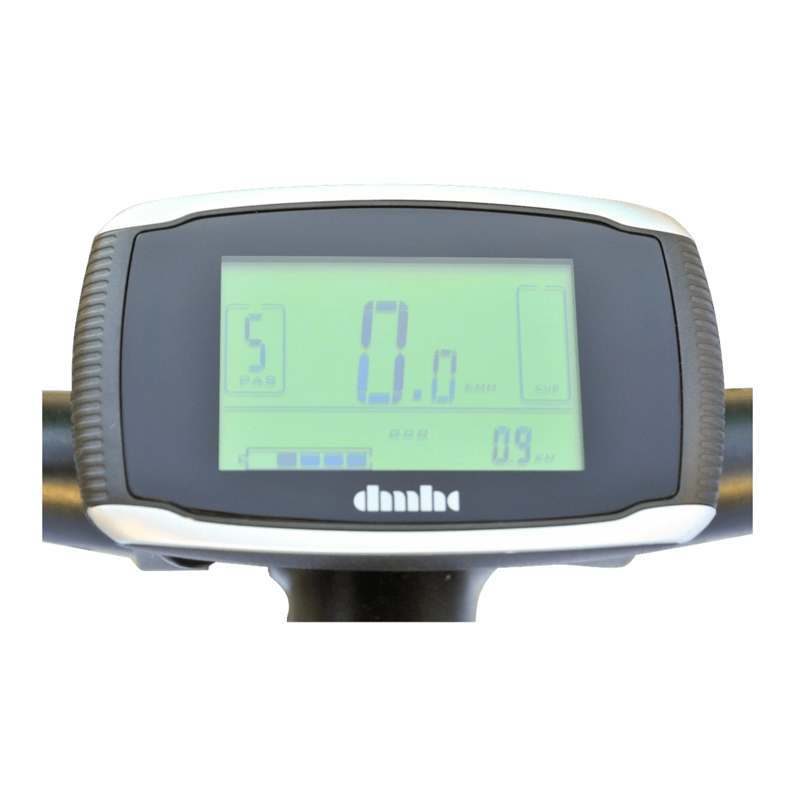 Micargi Aloha tandem e-bike digital display showing speed, battery level, and PAS settings
