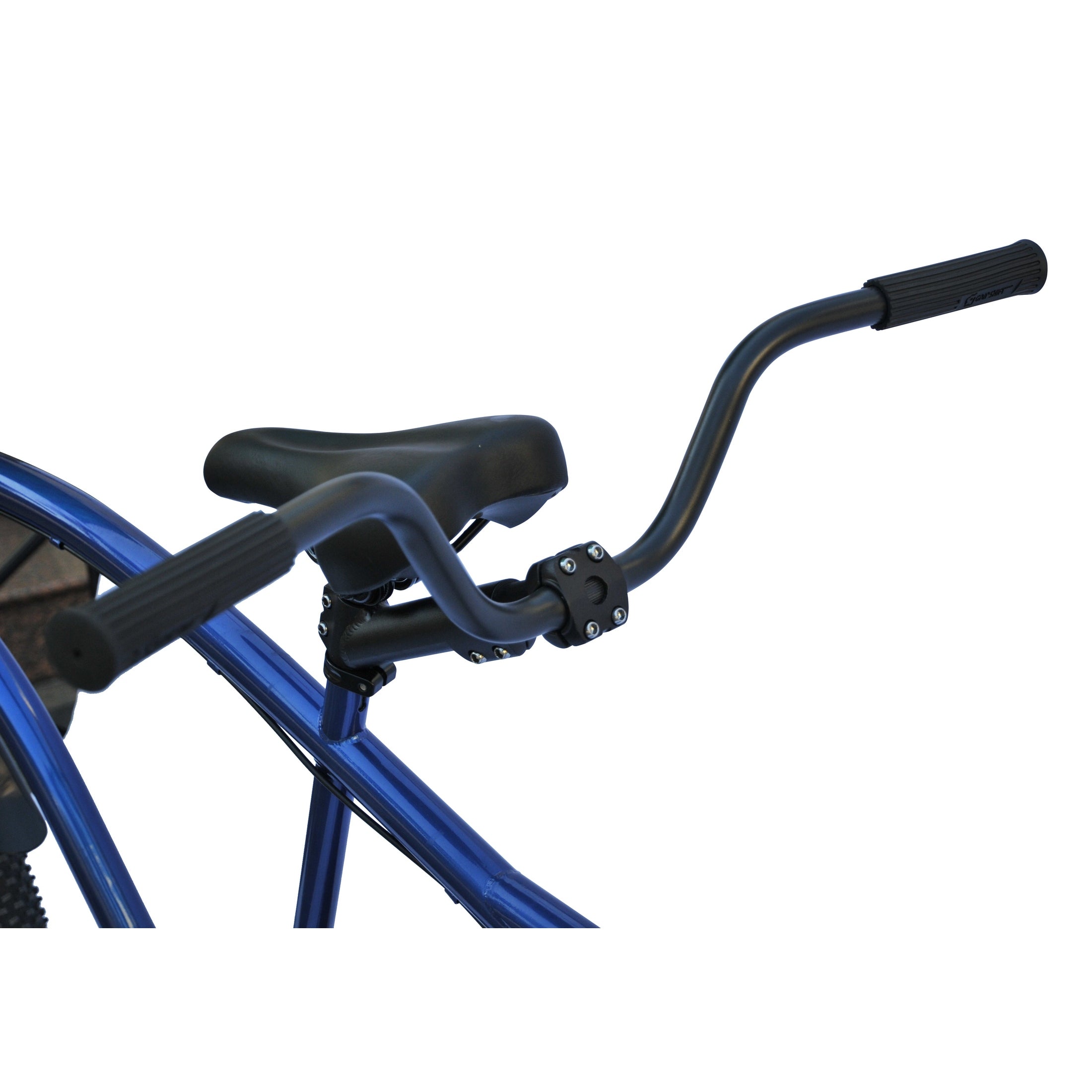 Rear passenger seat and handlebar assembly on blue Micargi tandem bicycle