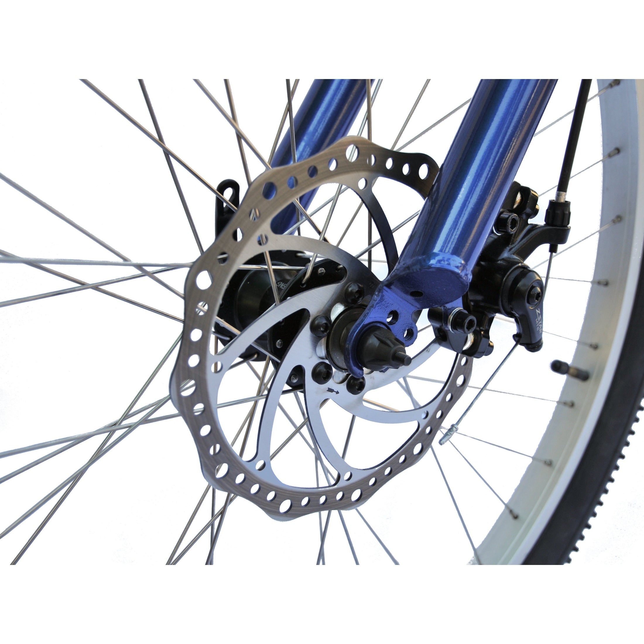 Zebra disc brake caliper and rotor detail on blue tandem bike front fork