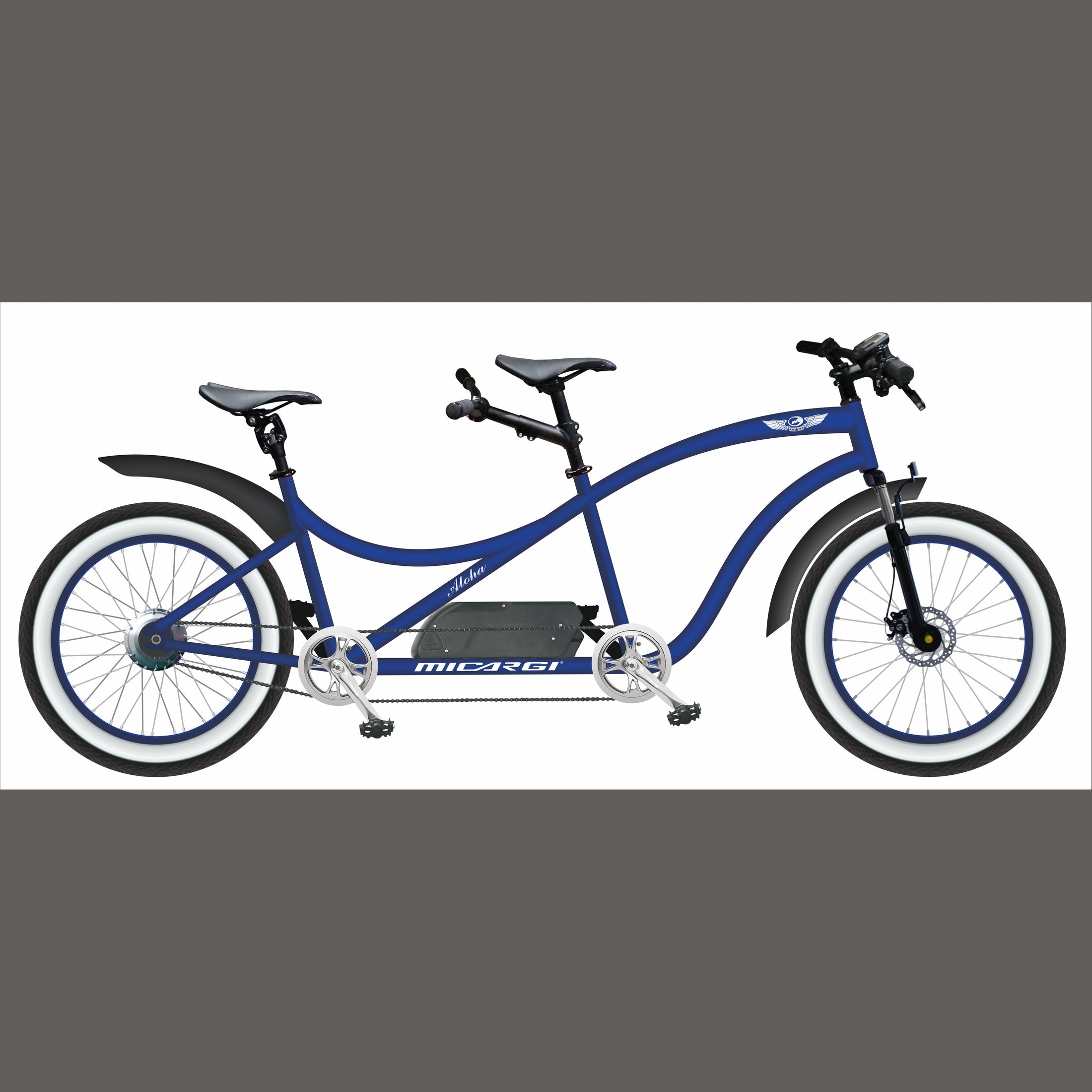 Blue Micargi Aloha 26 inch tandem e-bike with white wall tires and wing logo
