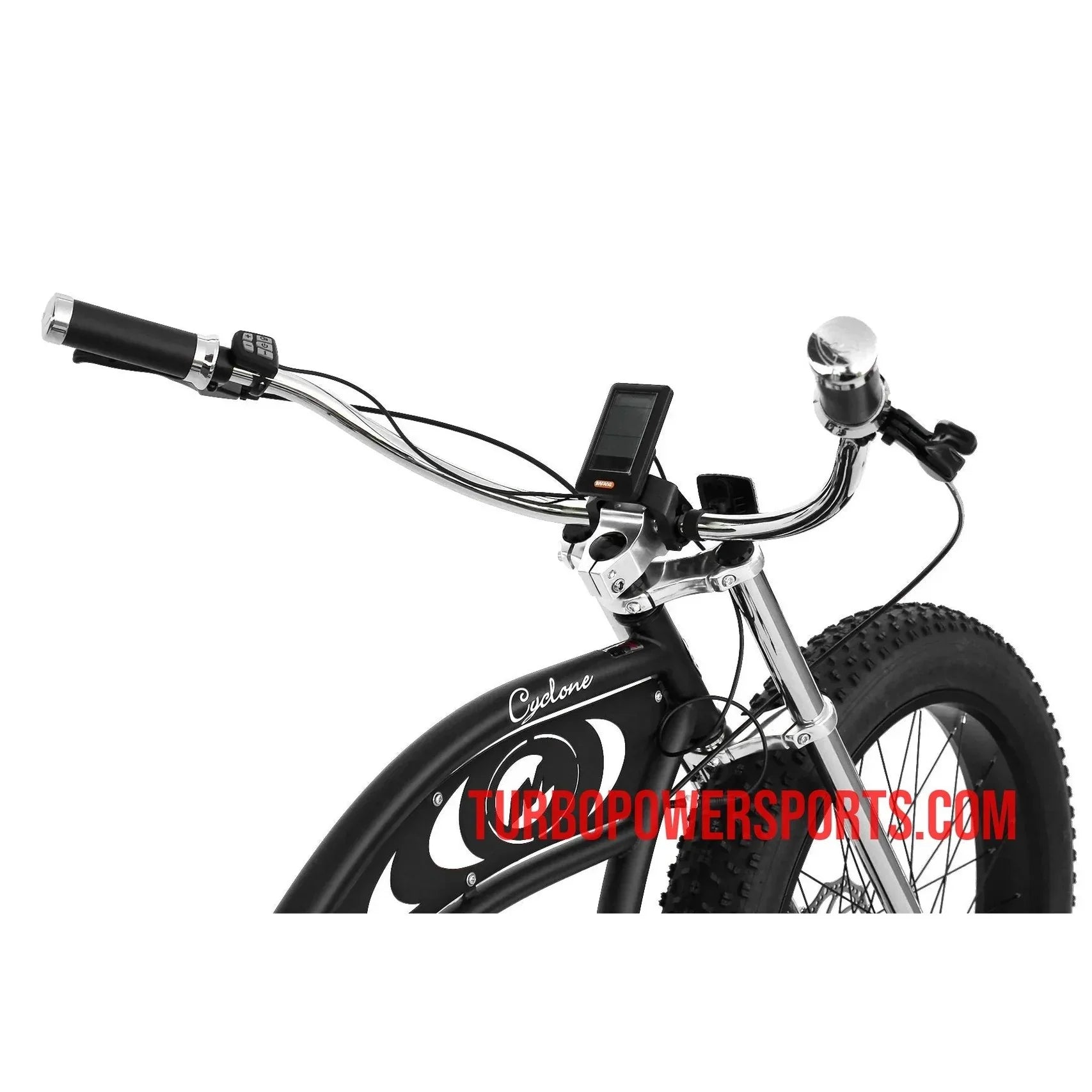 Black Micargi Cyclone e-bike front view with chrome fork and display