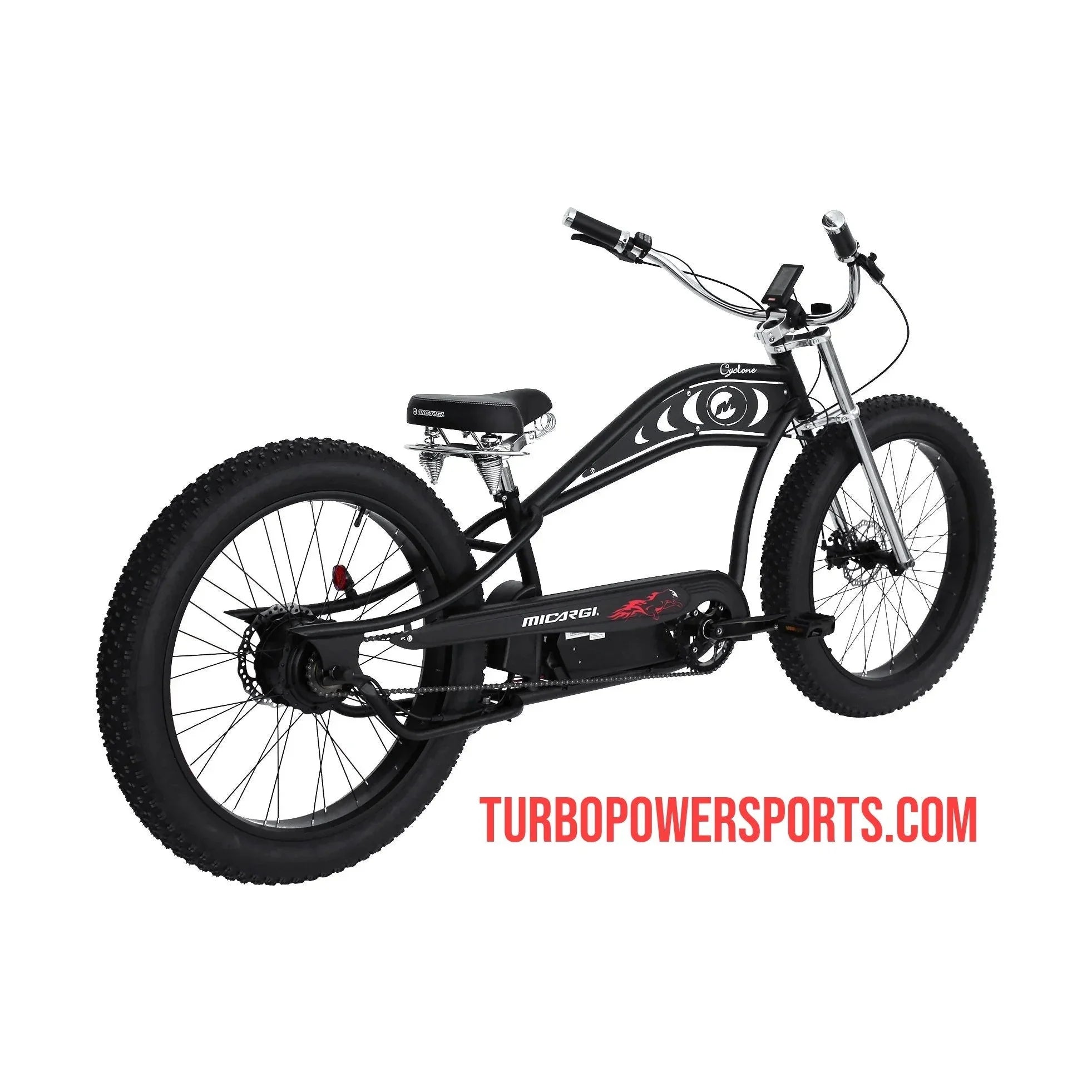 Black Micargi Cyclone e-bike side view showing spring seat and Bafang display