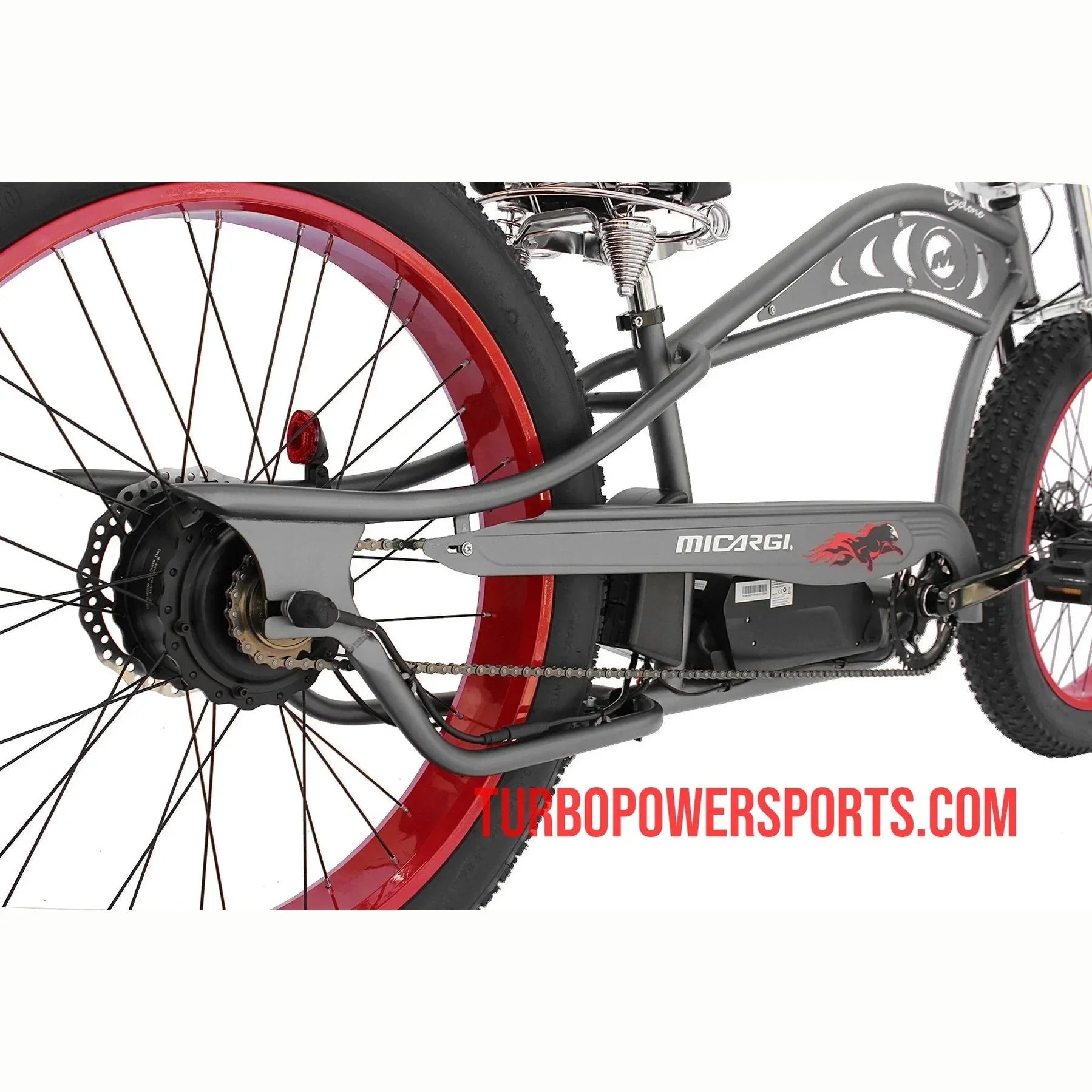 Micargi Cyclone drivetrain and battery area in matte gray finish