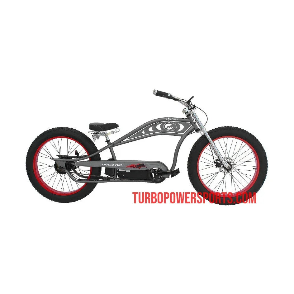 Matte gray Micargi Cyclone electric bike with red rims and suspension seat