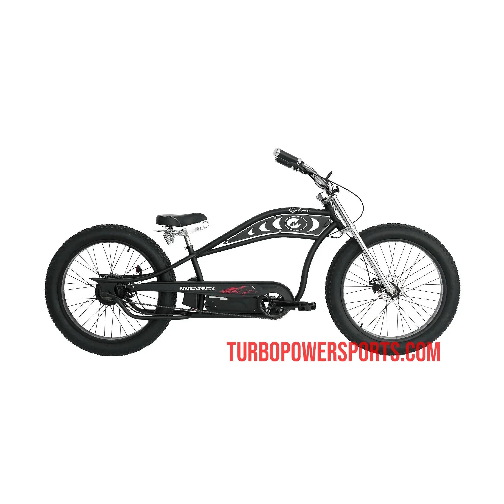 Matte black Micargi Cyclone Deluxe electric bike with fat tires and chrome fork