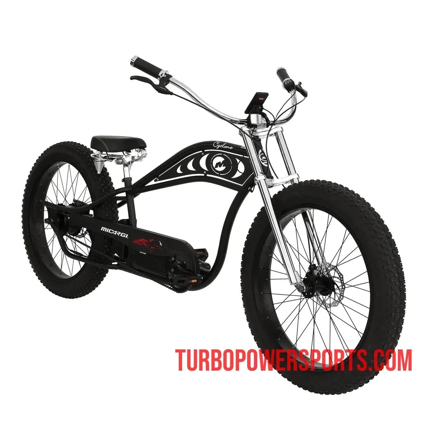Full side profile of black Micargi Cyclone electric cruiser bike