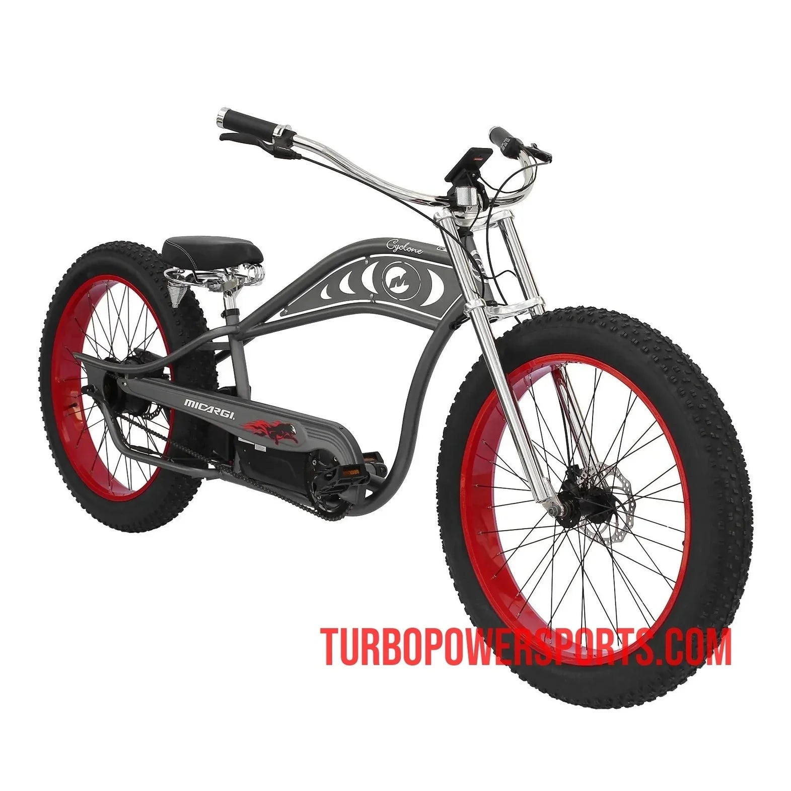 Matte gray Micargi Cyclone electric cruiser with red rims and hub motor