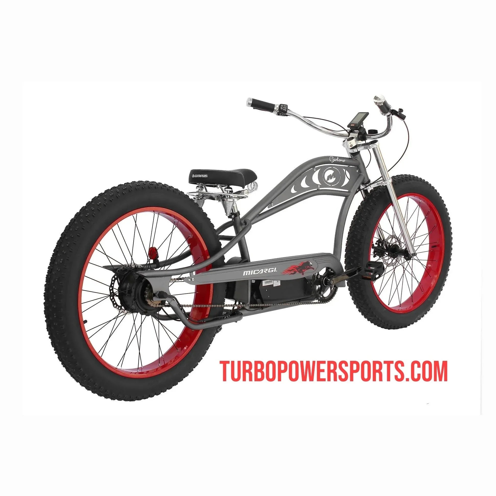Gray Micargi Cyclone electric bicycle with knobby tires and rear motor