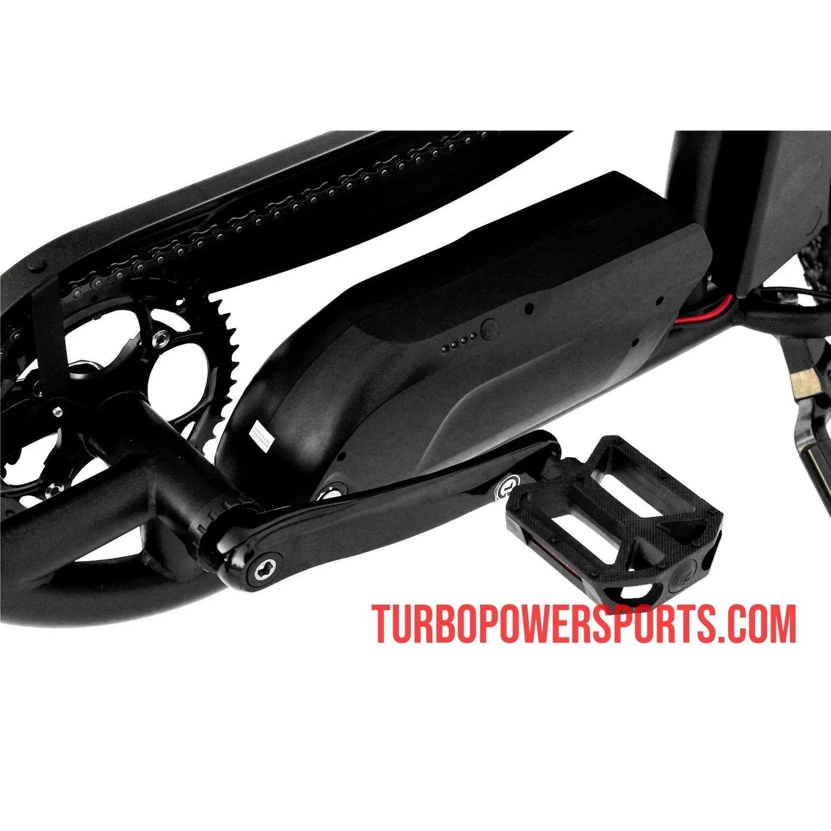Close-up of Micargi Cyclone battery pack and crankset detail