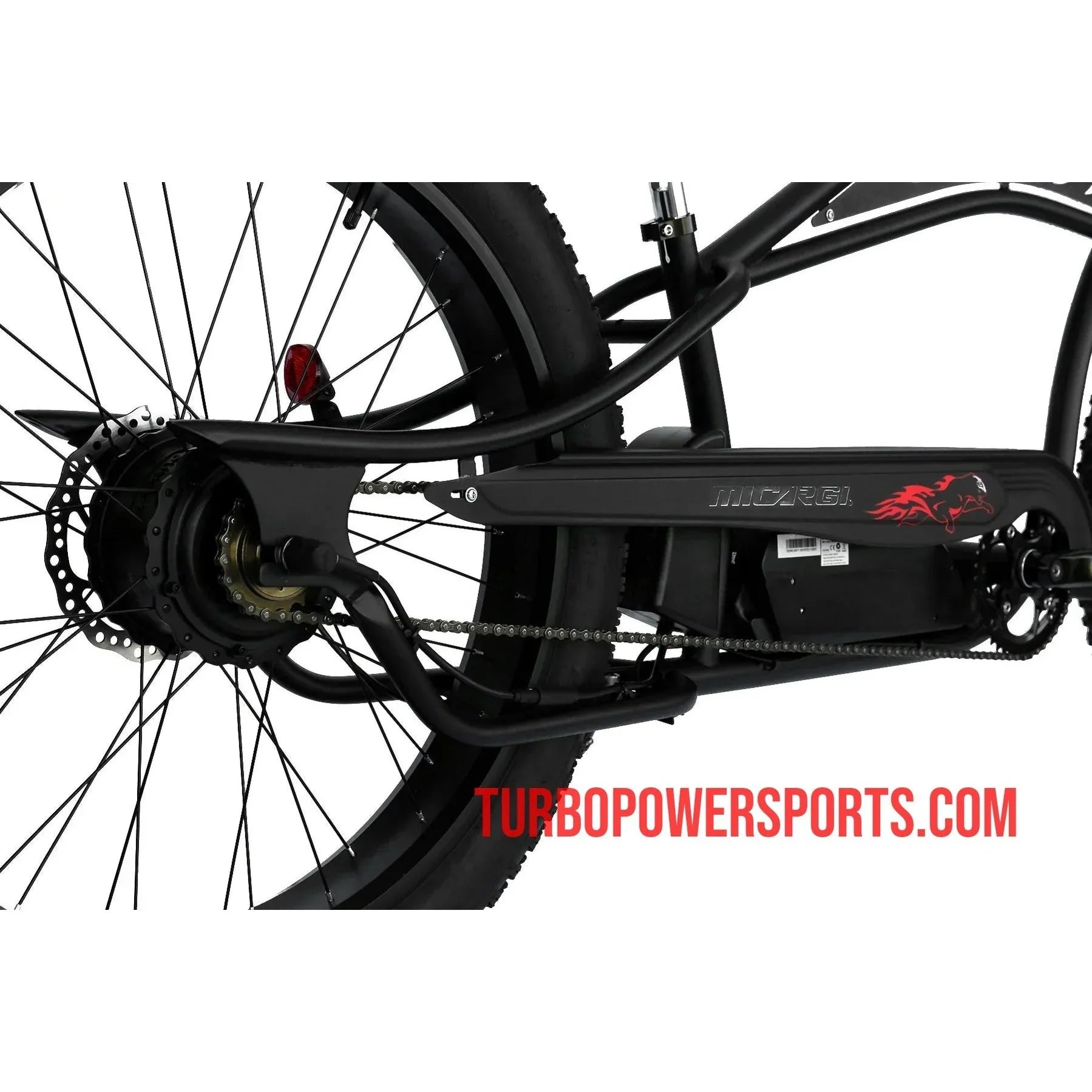 Rear hub motor and disc brake close-up on Micargi Cyclone ebike