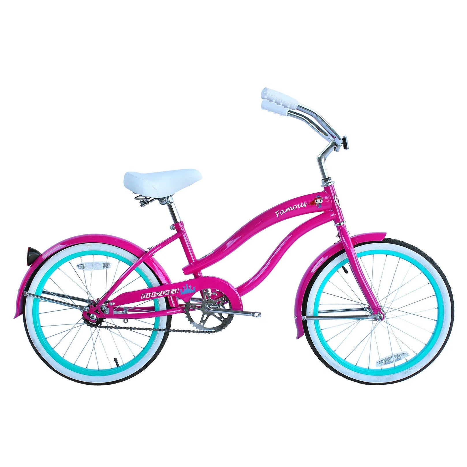Micargi Famous 20 inch kids beach cruiser bike in hot pink with white saddle and turquoise rims