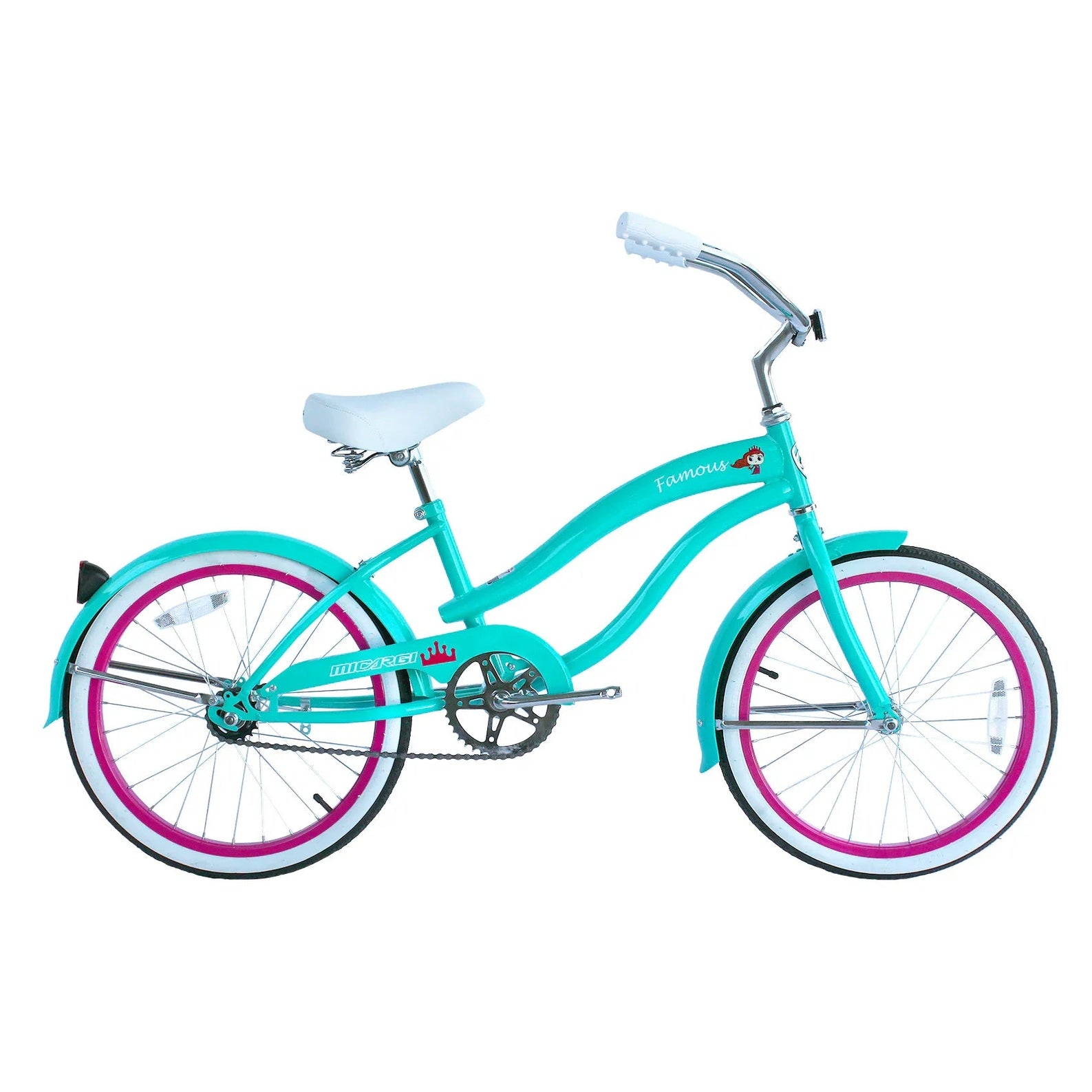Micargi Famous 20 inch kids beach cruiser bike in tiffany blue with white saddle and pink rims