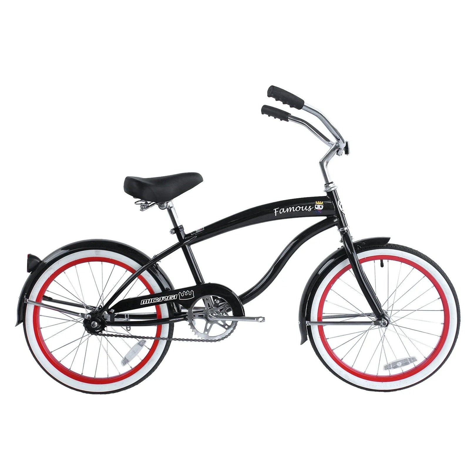 Micargi Famous 20 inch kids beach cruiser bike in black with black saddle and red rims