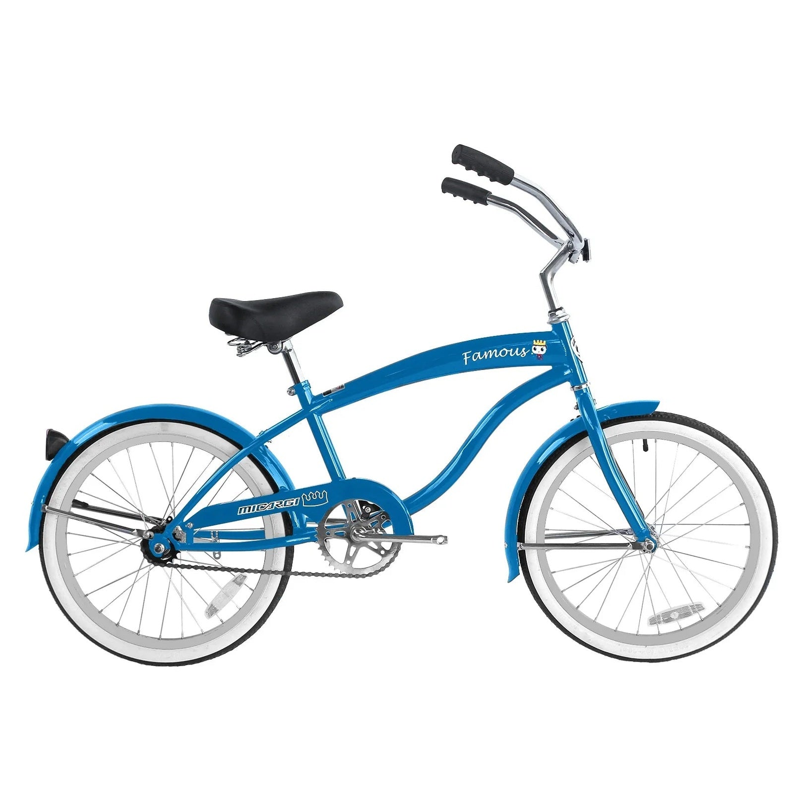Micargi Famous 20 inch kids beach cruiser bike in light blue with black saddle and white rims