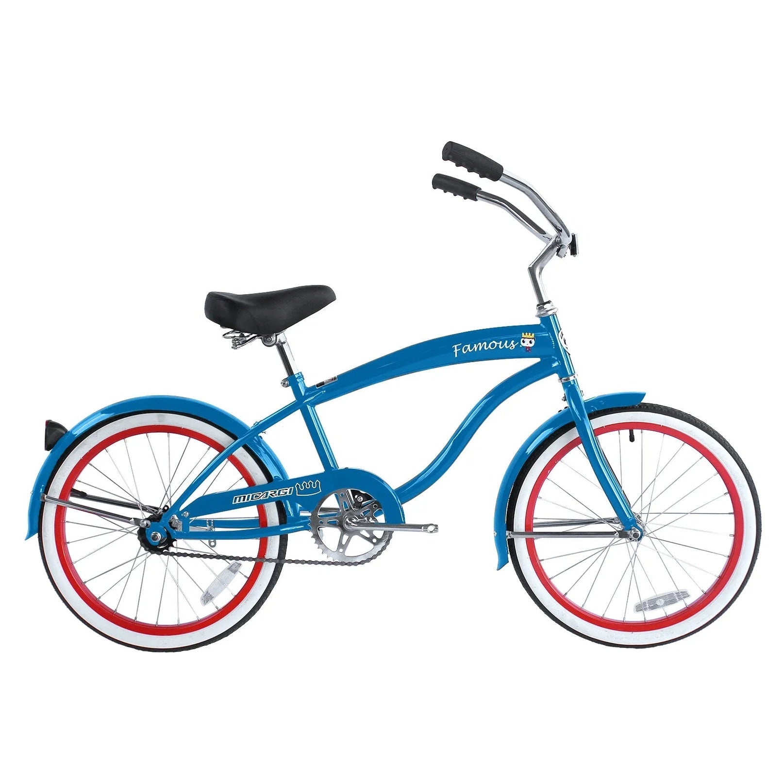 Micargi Famous 20 inch kids beach cruiser bike in light blue with black saddle and red rims