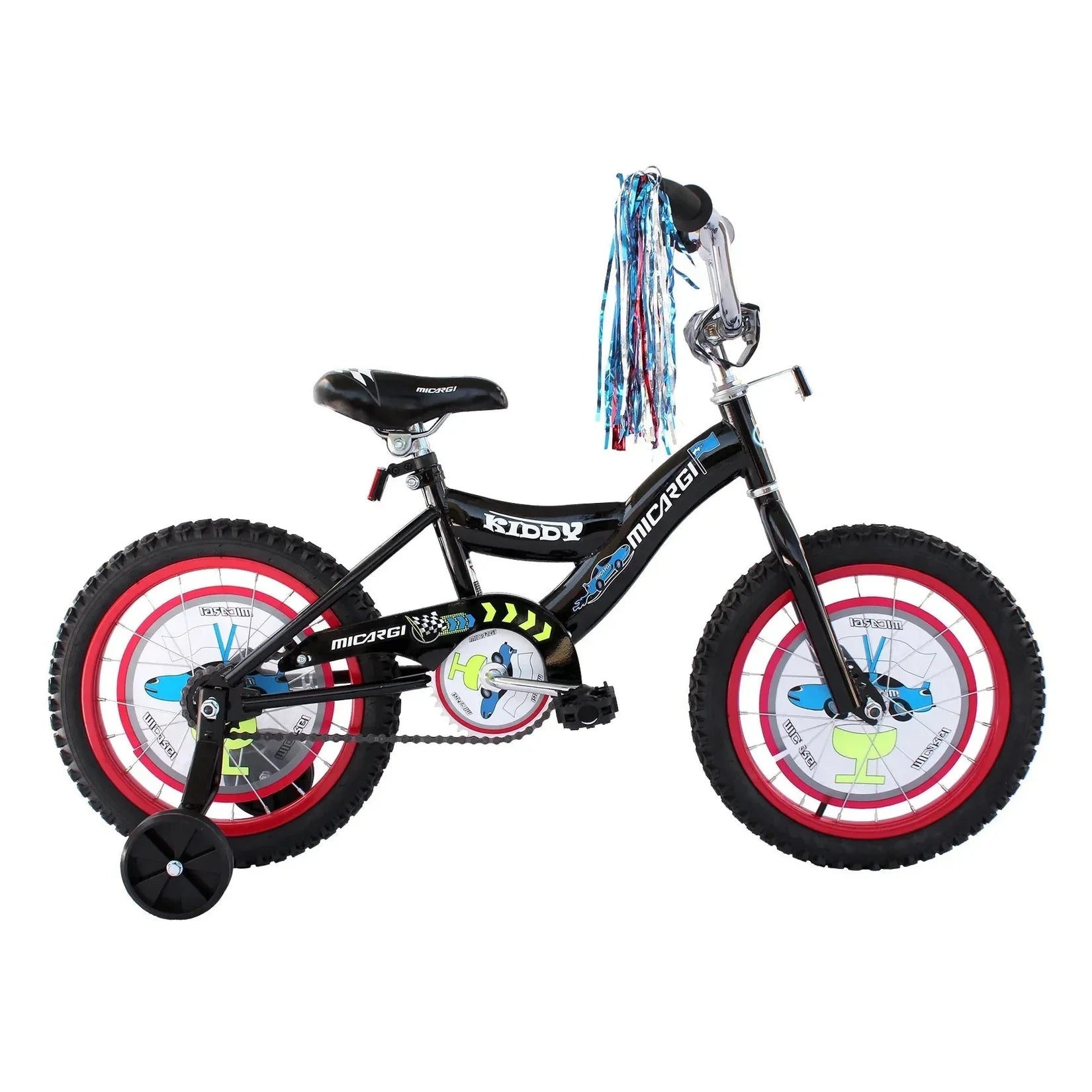 Black Micargi Kiddy 16 inch kids bike with training wheels and car graphics
