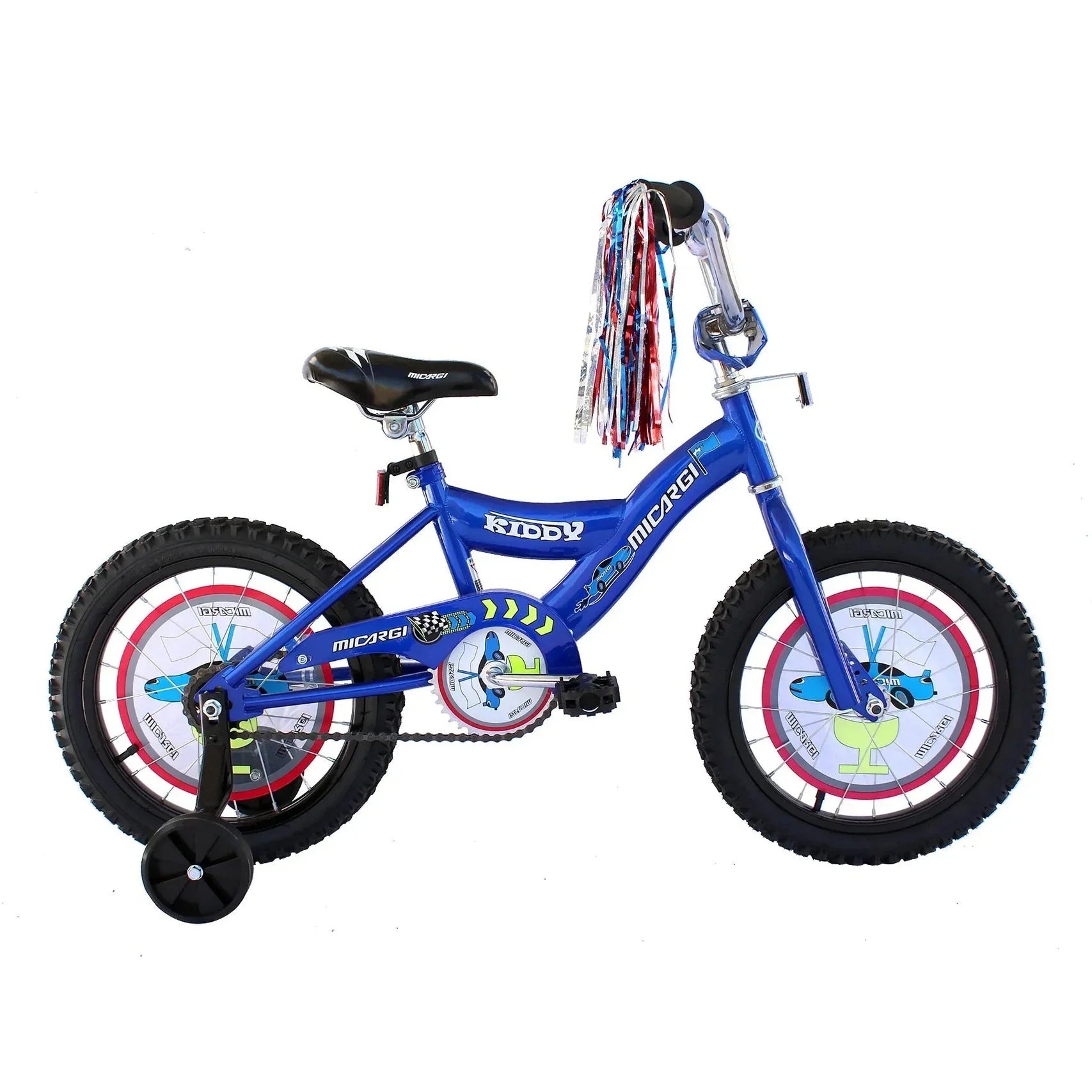 Blue Micargi Kiddy 16 inch step-through bike with training wheels side view