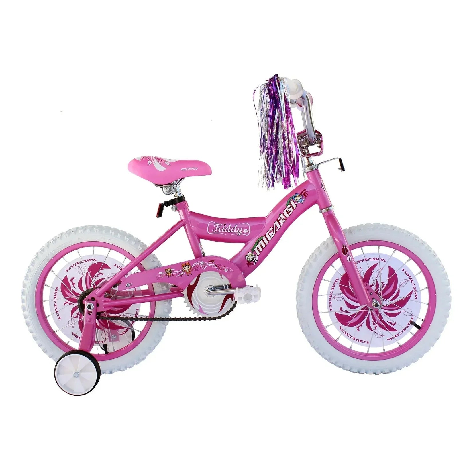 Pink Micargi Kiddy 16 inch bike with white tires and green branding