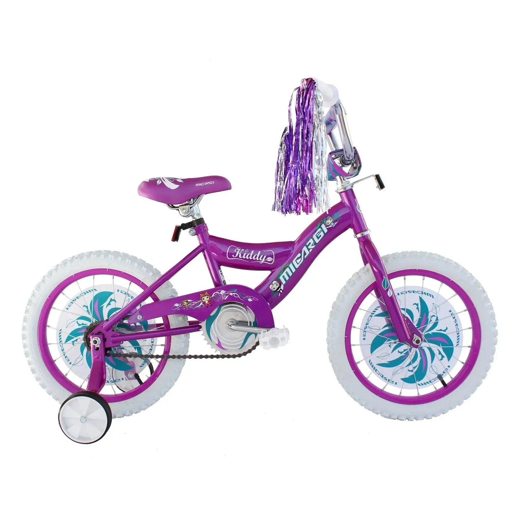 Purple Micargi Kiddy 16 inch kids bike with training wheels and floral hub stickers