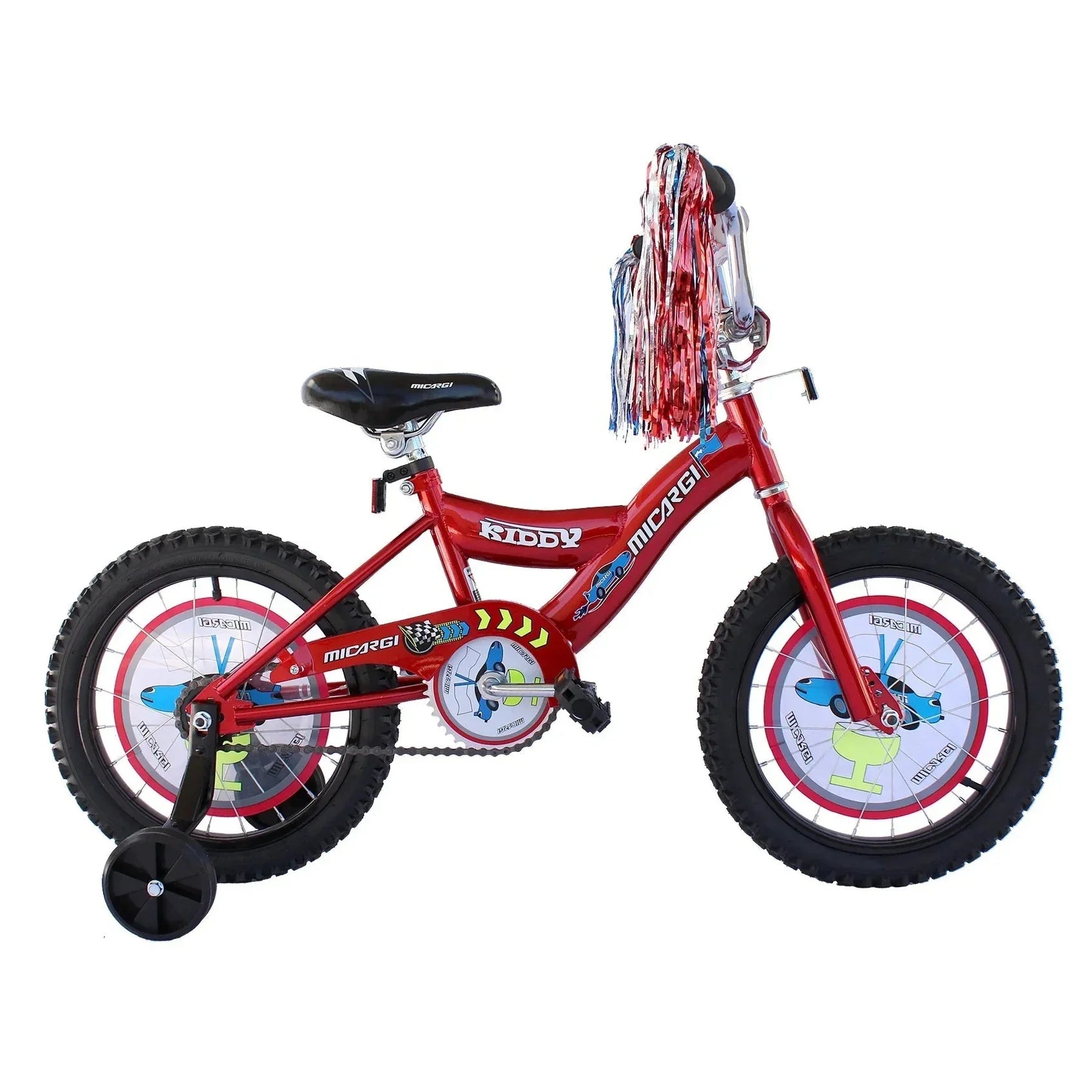 Red Micargi Kiddy 16 inch bike with black tires and blue car graphic