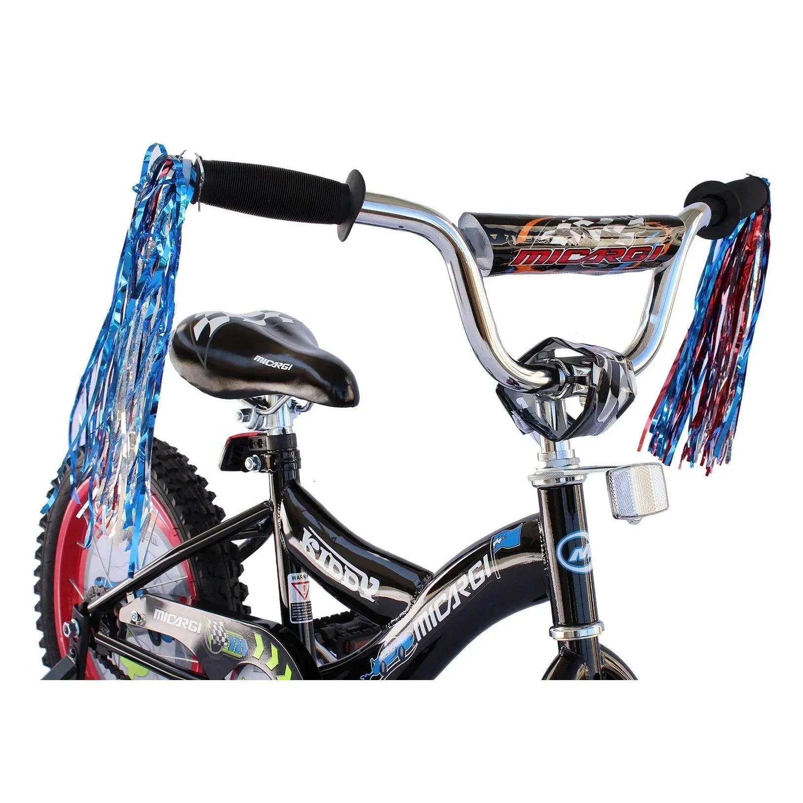 Close-up of black Micargi Kiddy 16 inch handlebars with checkered grip tape