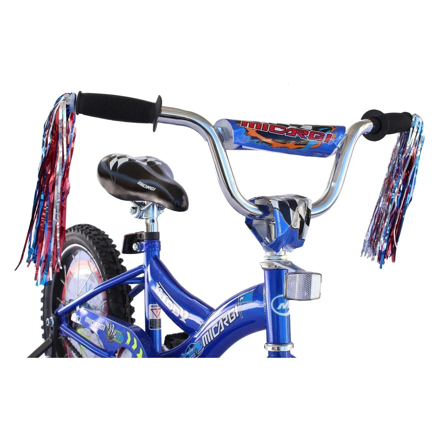 Blue Micargi Kiddy 16 inch kids bike with textured grips and tinsel streamers