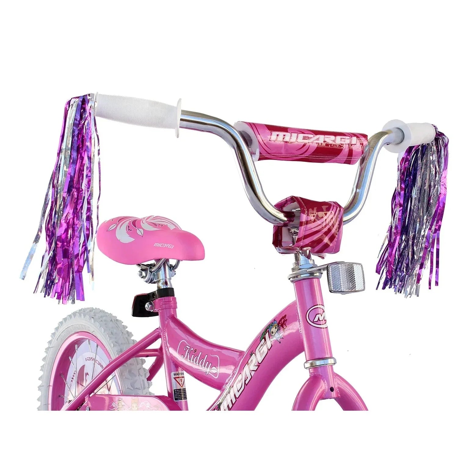 Pink Micargi Kiddy 16 inch kids bike with floral saddle and chrome handlebars