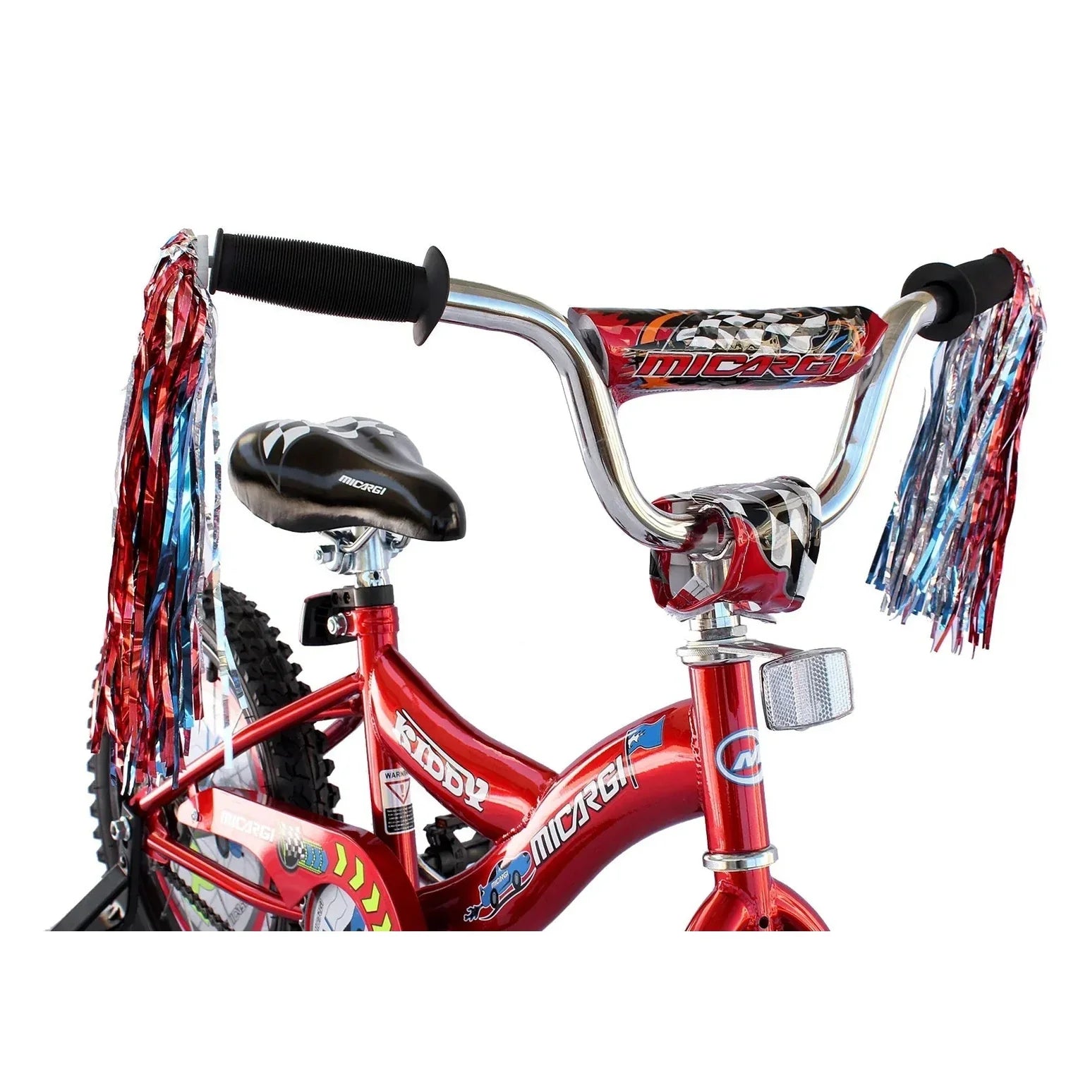 Front view of red Micargi Kiddy 16 inch bike with checkered flag bar pad